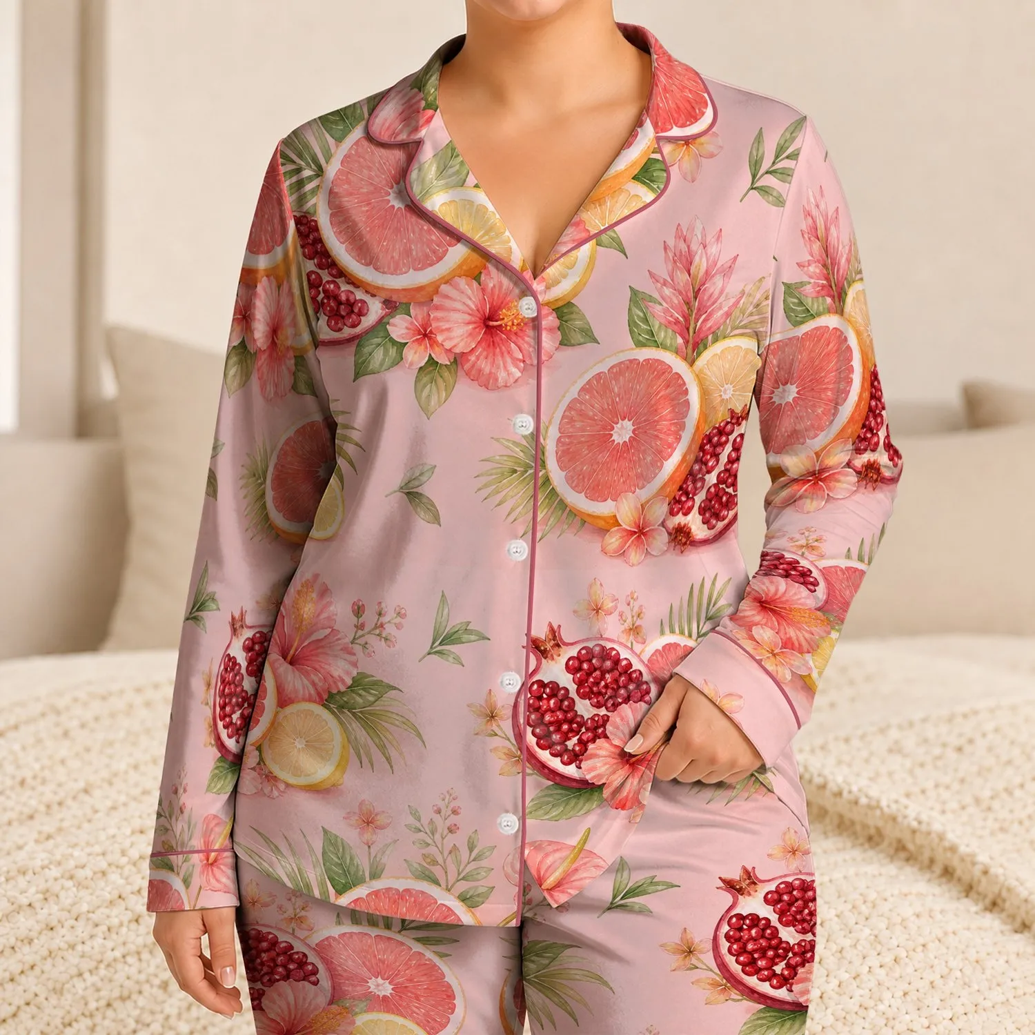Blush Pink Citrus Resort Getaway Mood For Summer Travel, Beach Days, And Poolside Women Satin Pajamas Set - 1