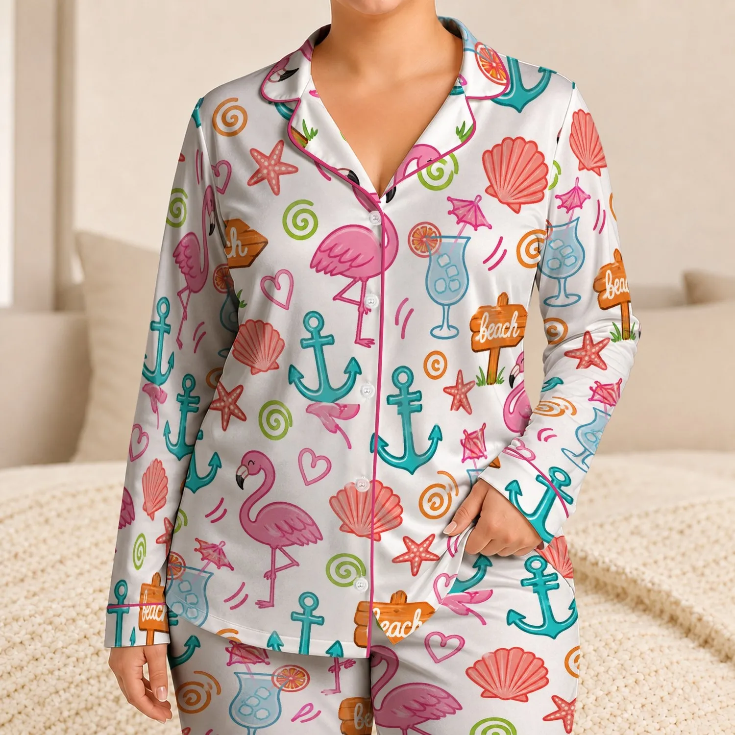 Coastal Flamingo Beach Holiday White Scattered Motifs For Summer Vacation Gifts Satin Pajamas Set - 1
