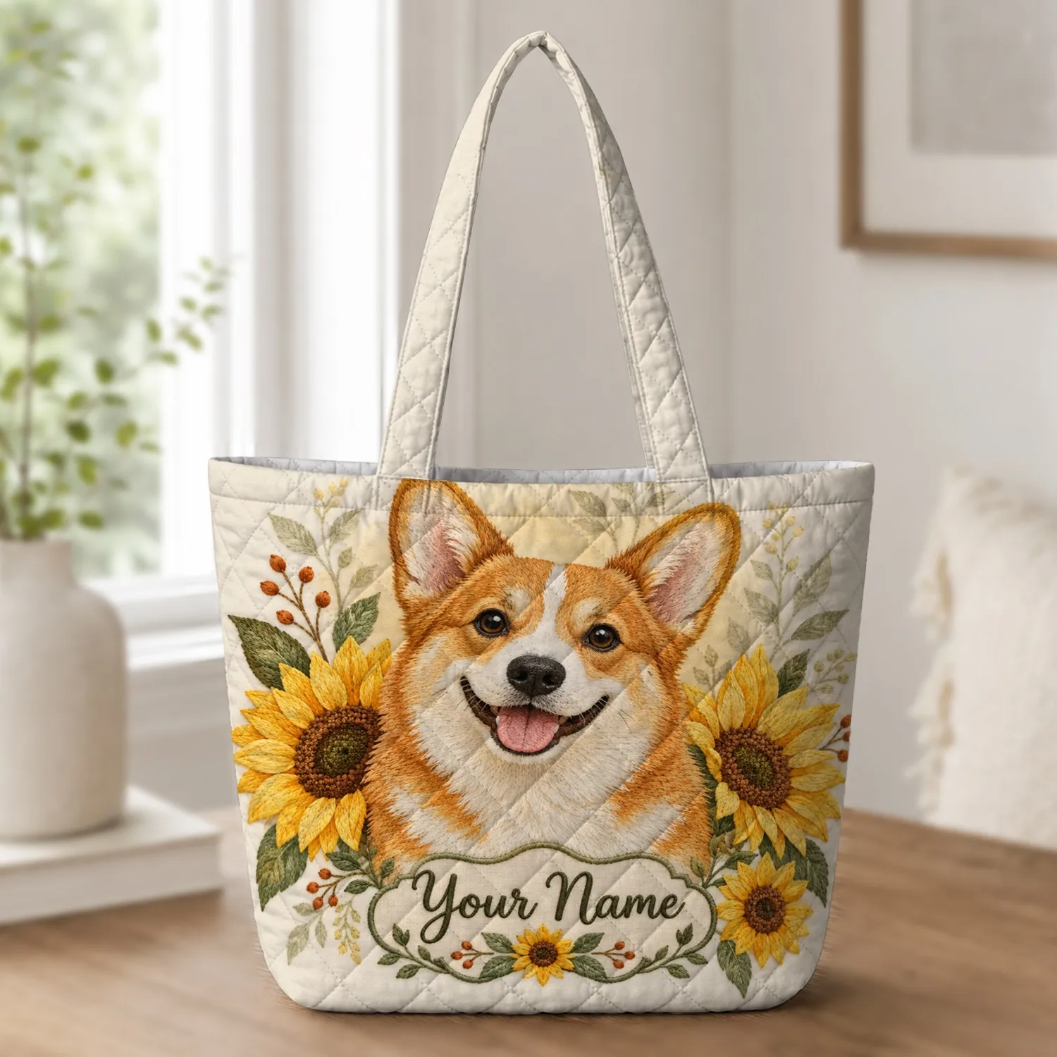 Corgi and Sunflower Art for Autumn Dog Lovers and Cheerful Everyday Style Quilted Tote Bag - 1