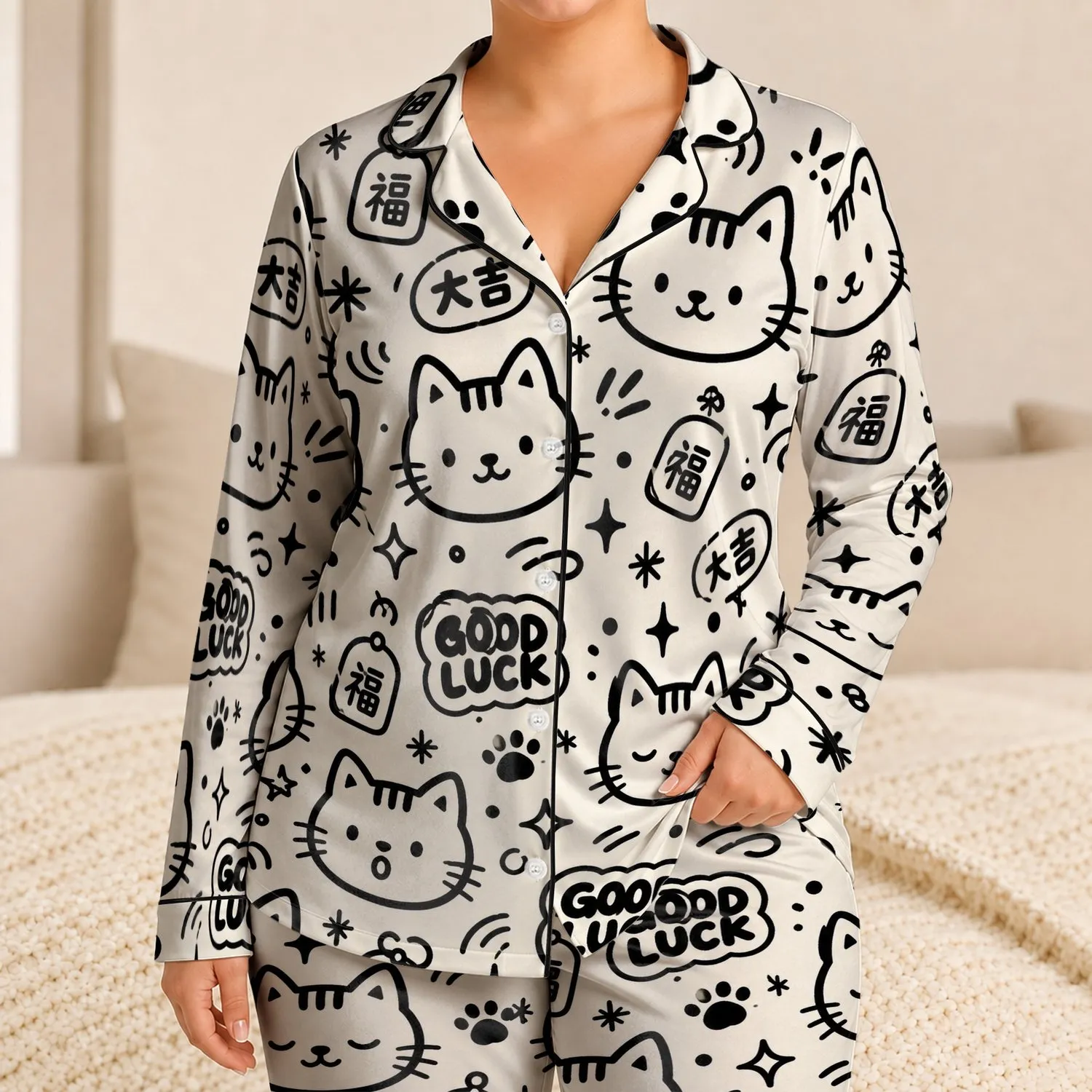 Playful Cat Graffiti Style for Cozy Nights, Weekend Lounging, Home Comfort, and Gifts Satin Pajamas Set - 1