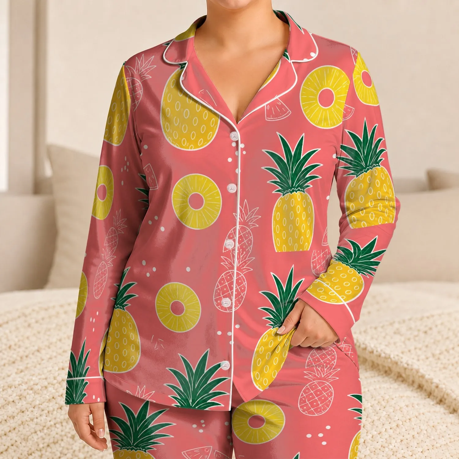 Coral Pink Pineapple Resort Look for Vacation, Beach Days, Women Lounge Mood Vibes Satin Pajamas Set - 1