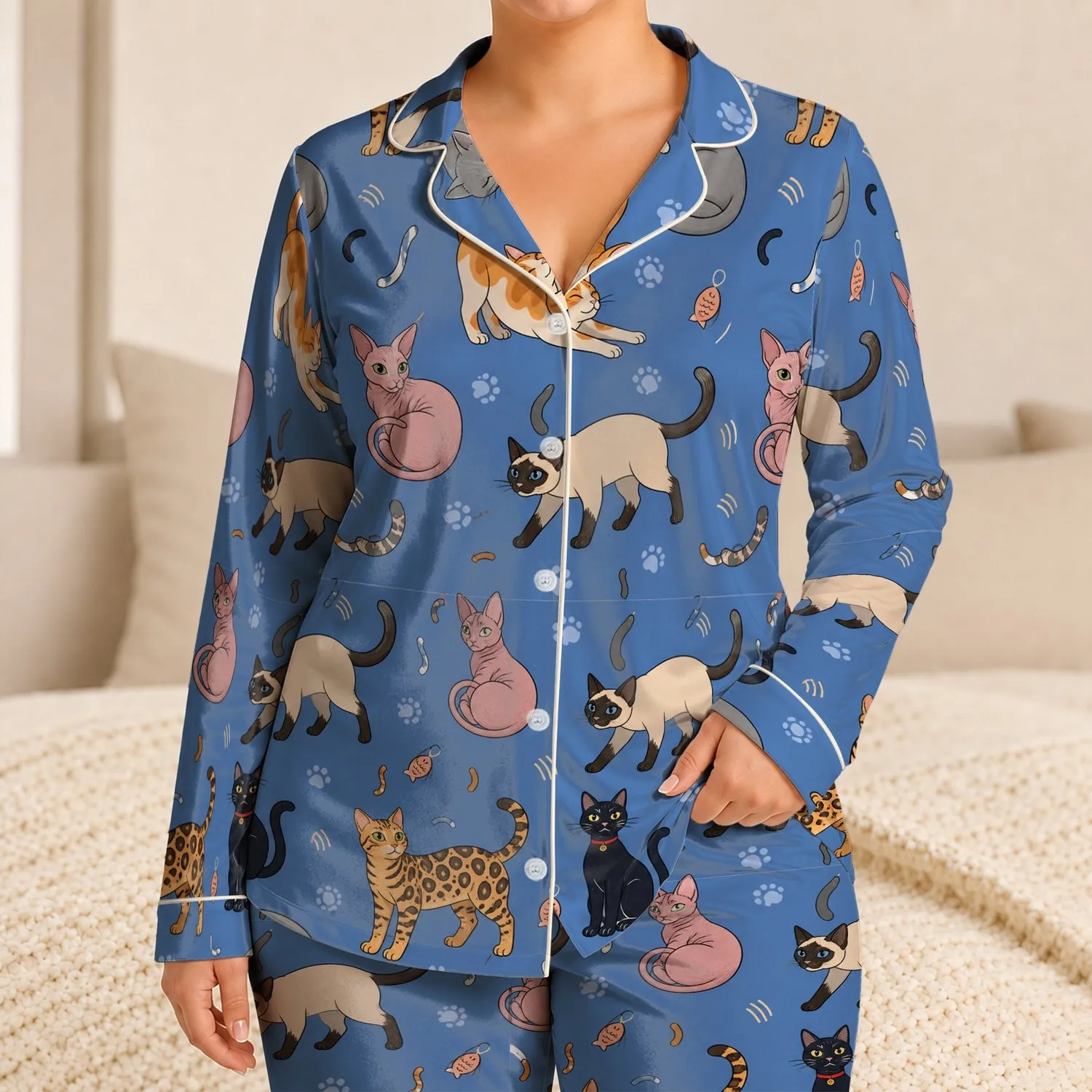 Playful Cat Motifs For Cozy Bedtime Lounging And Weekend Relaxation, Gift For Cat Lovers Satin Pajamas Set - 1