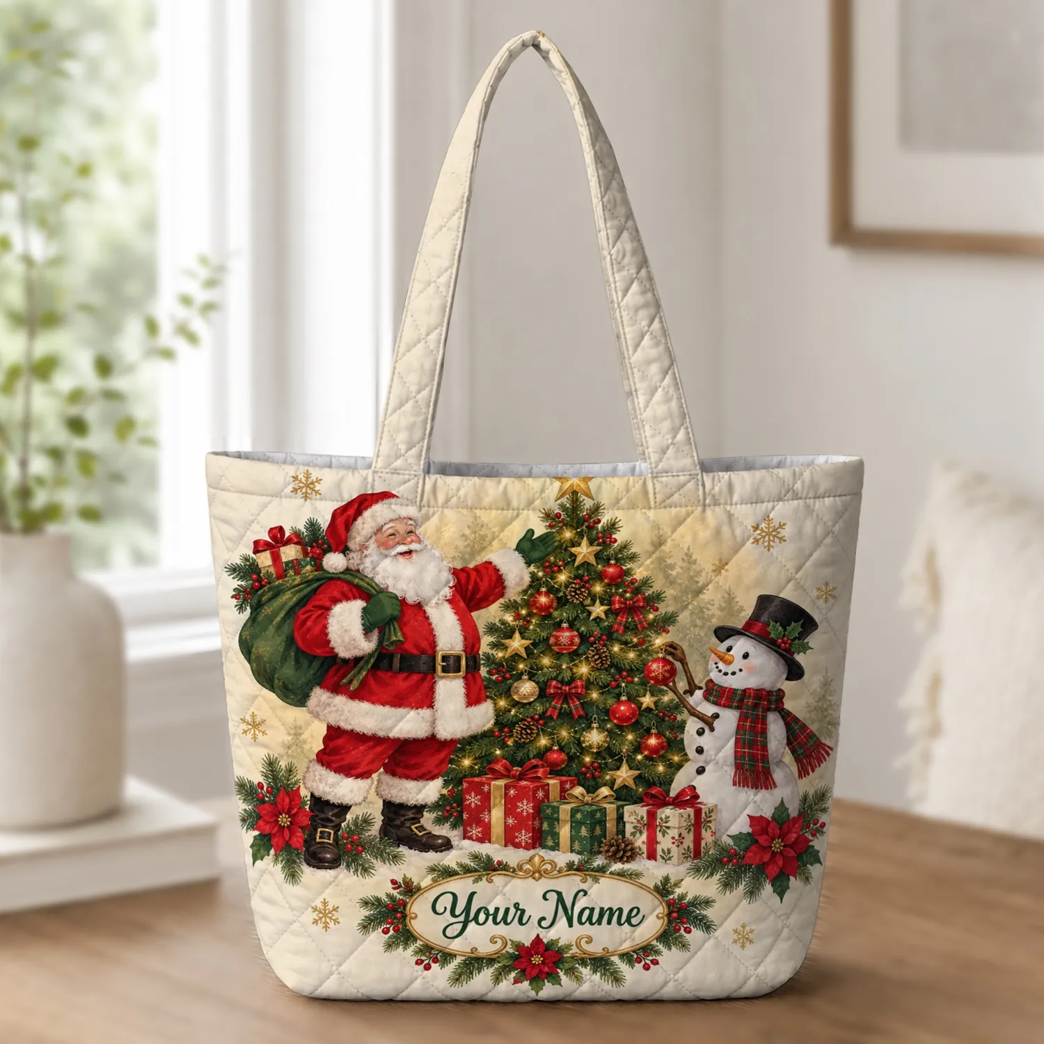 Santa Snowman Christmas Tree Holiday Cheer For Festive Seasonal Gifting Quilted Tote Bag - 1
