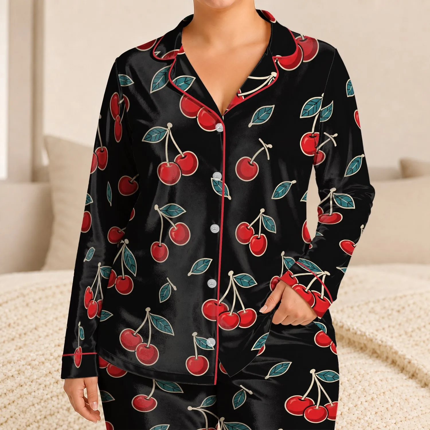 Red Cherry And Teal Leaf Motif For Cozy Lounging, Relaxed Evenings And Fruit Lovers Satin Pajamas Set - 1