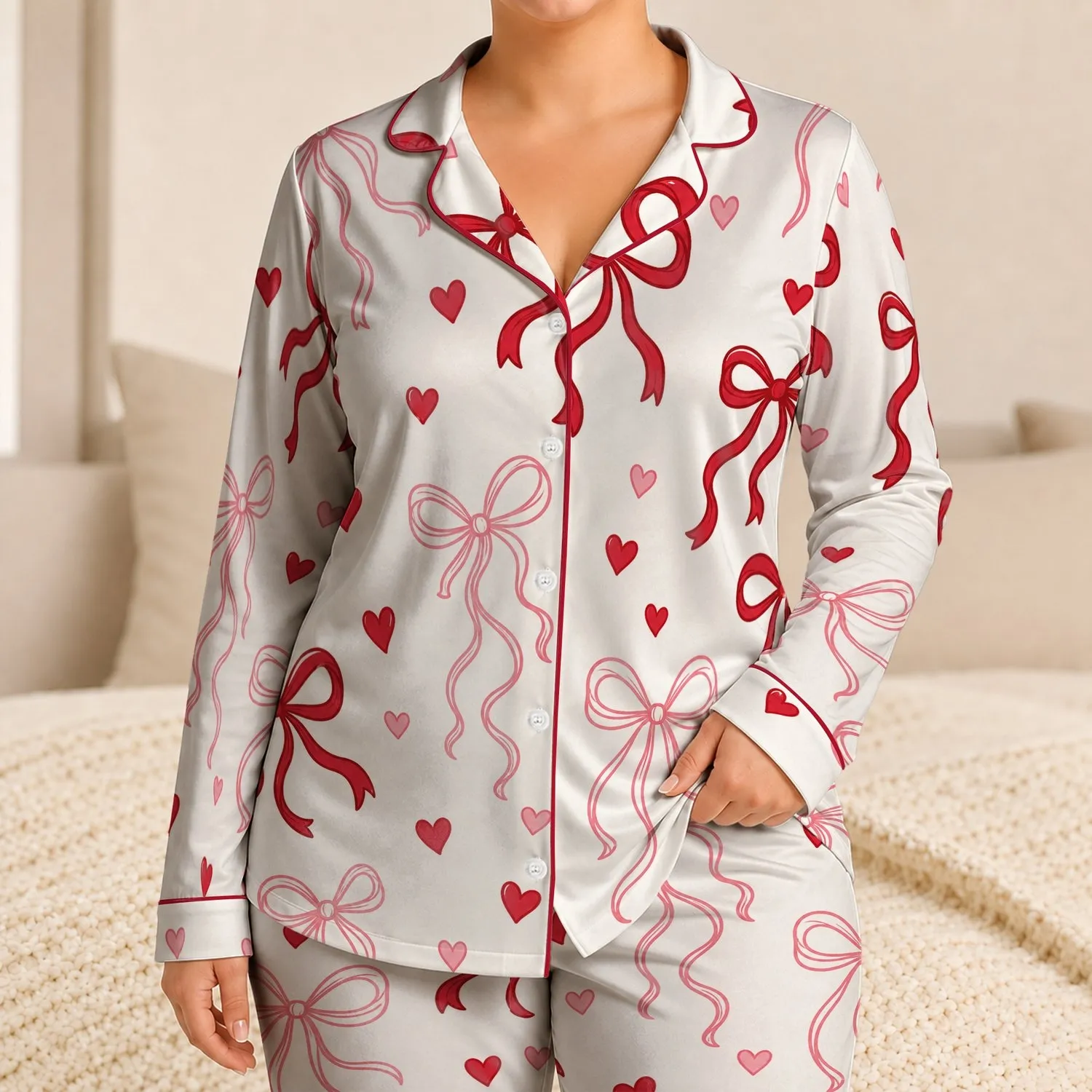 Cherry Red Bow Hearts Romantic Lounge Gift For Women All-Season Cozy Bedtime Comfort Satin Pajamas Set - 1