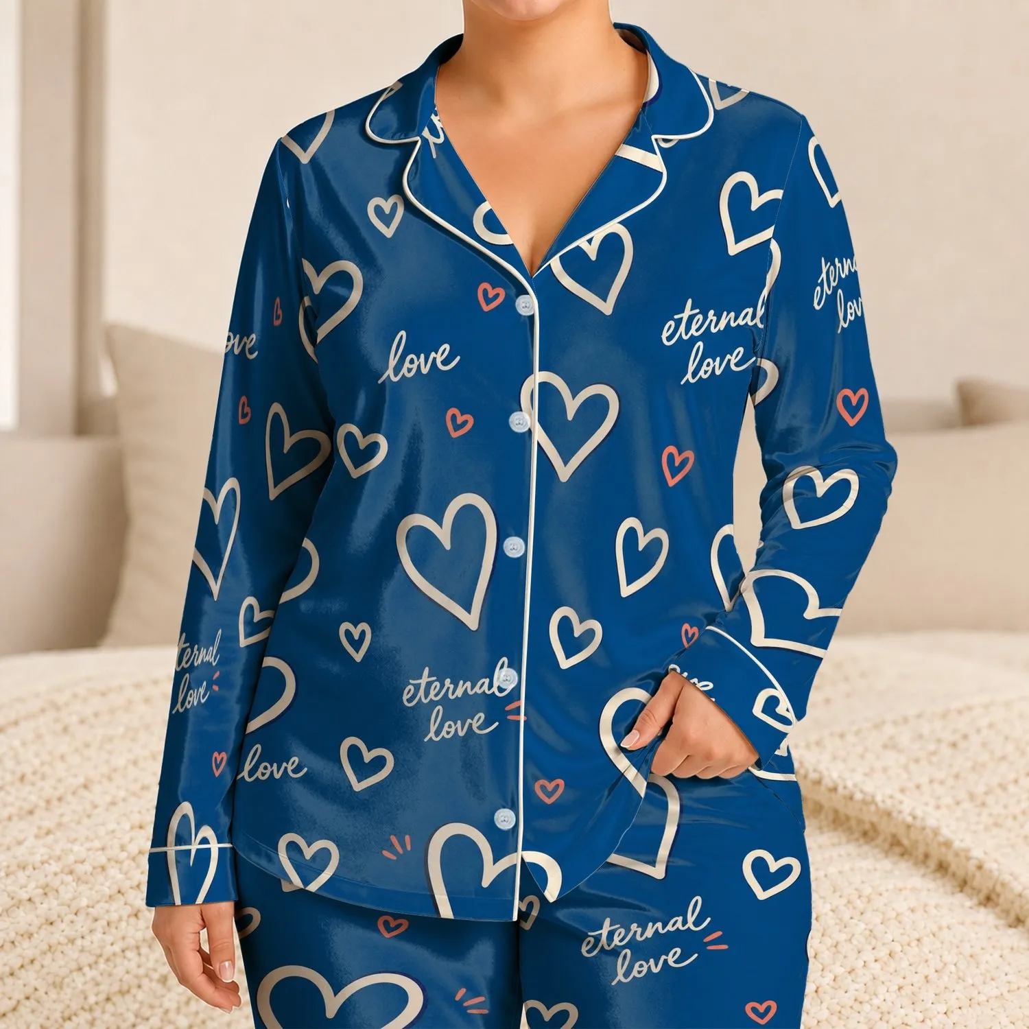 Royal Blue Heart Love Eternal Love Cozy Loungewear For Couples And Romantic Gifting Satin Pajamas Set - 1