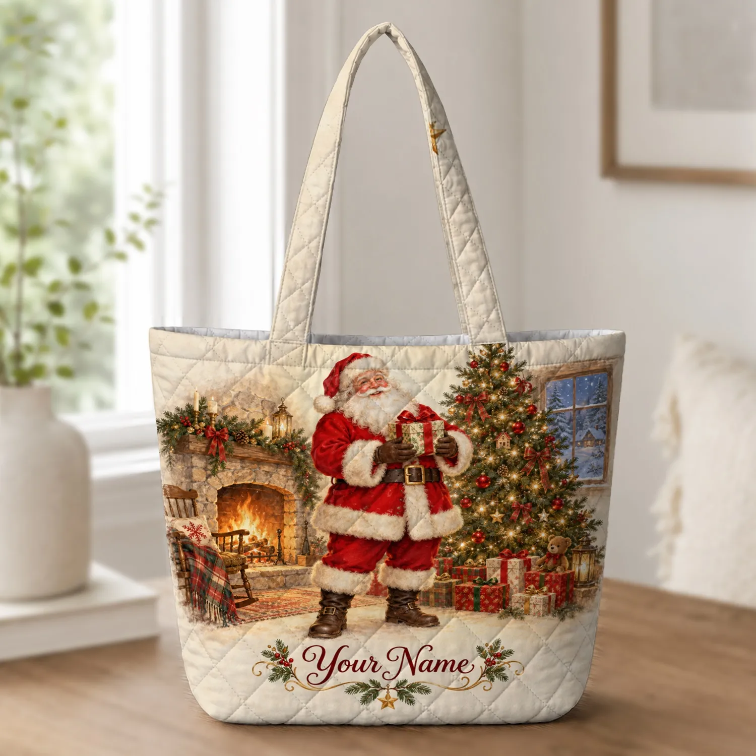 Santa, Christmas Tree and Fireplace Holiday Scene for Cozy Winter Celebrations Together Quilted Tote Bag - 1