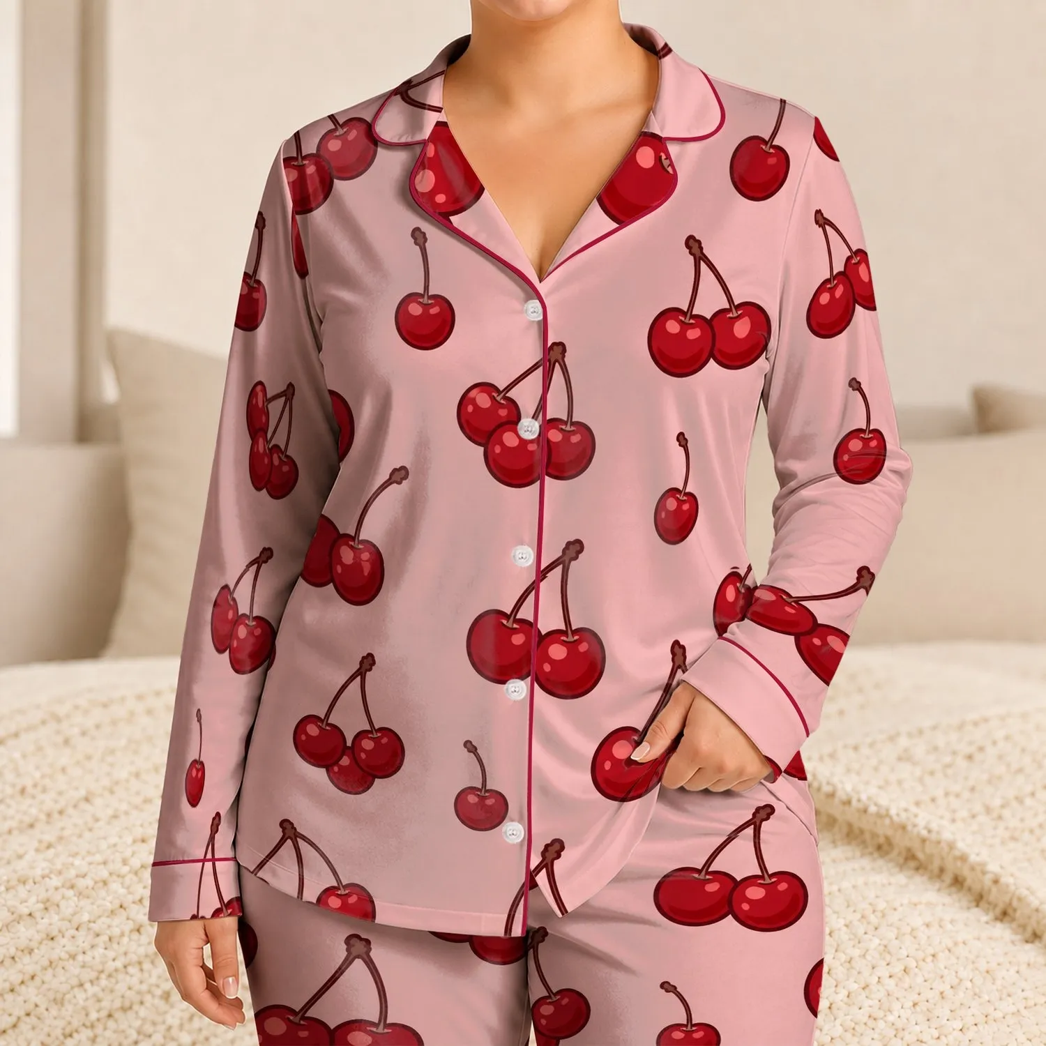 Deep Red Cherry Motif For Cozy Lounging, Bedtime, And Home Relaxation, Women's Plus Size Satin Pajamas Set - 1