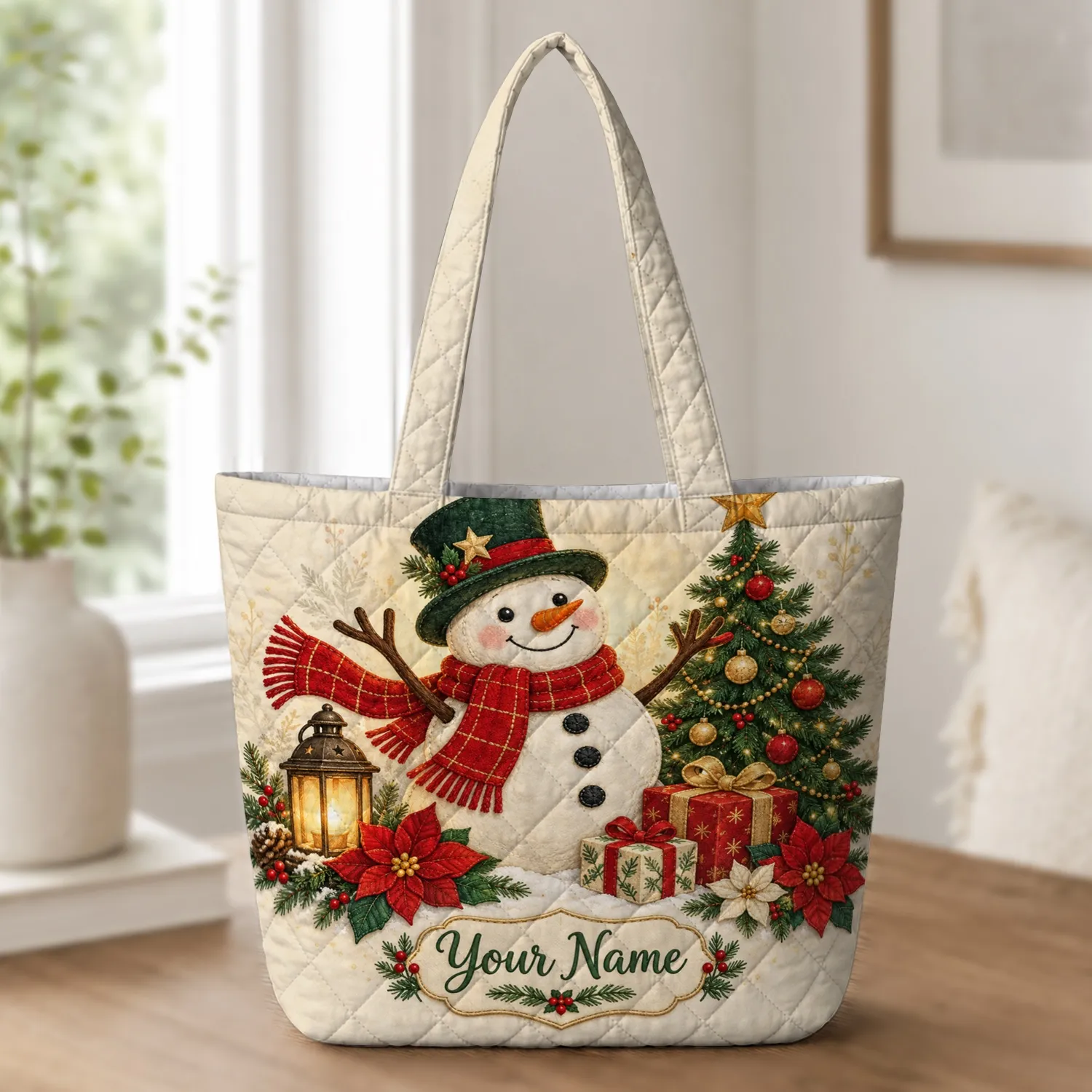 Cheerful Snowman, Christmas Tree And Poinsettias For Festive Winter Holiday Giving Quilted Tote Bag - 1