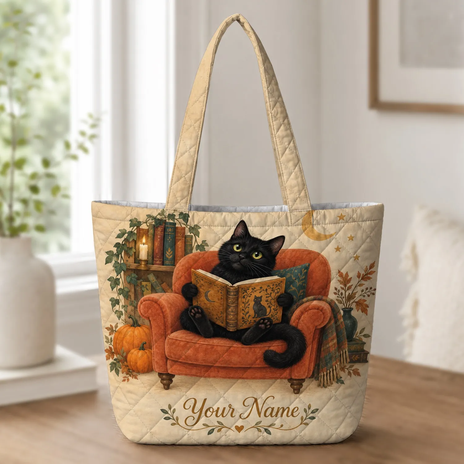 Black Cat Reading in a Cozy Halloween Library for Book Lovers and Cat Fans Quilted Tote Bag - 1