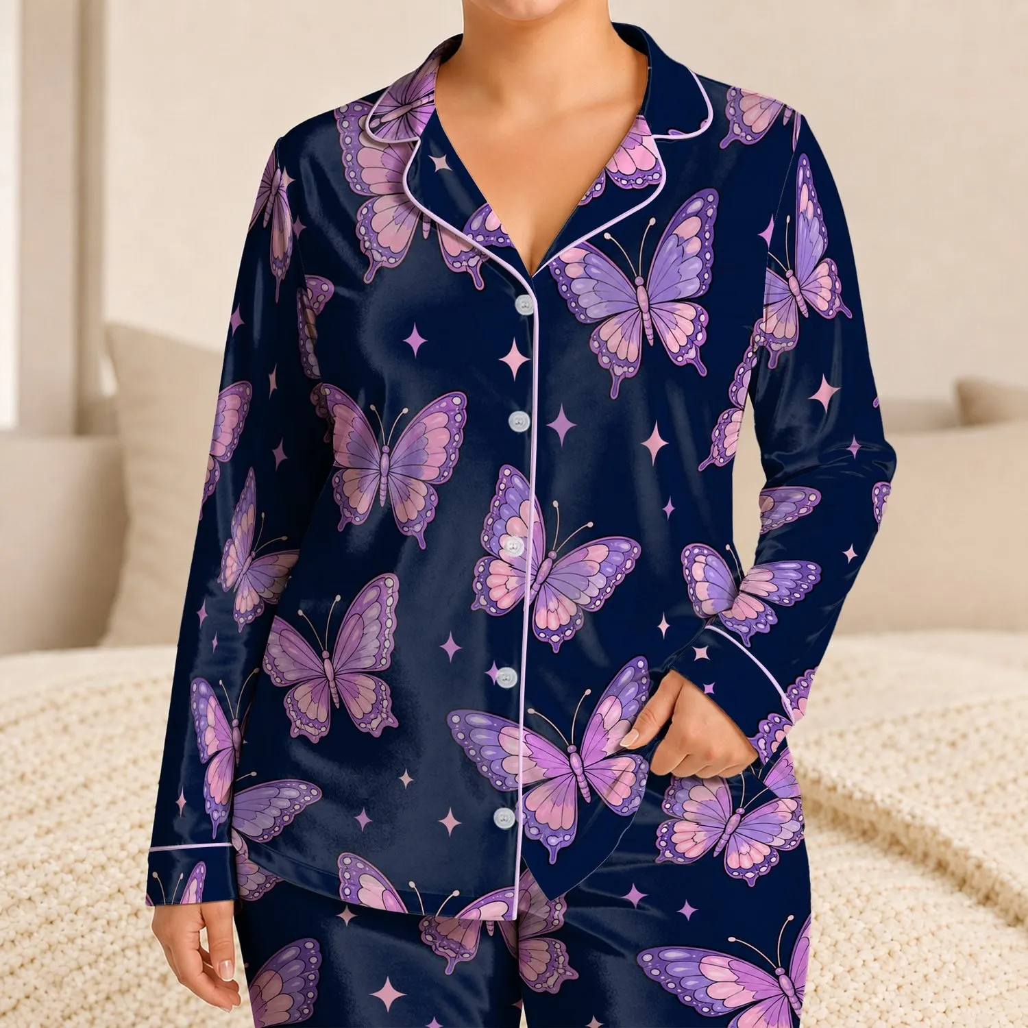 Lavender Butterfly And Blush Sparkle Motifs For Dreamy Bedtime Lounging Women At Home Satin Pajamas Set - 1
