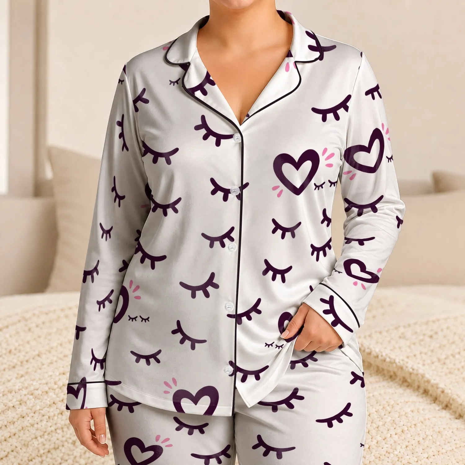 Pink Heart Eyelash Love Lounge Set for Romantic Bedtime Cozy Style Gift for Women Satin Pajamas Set - 1