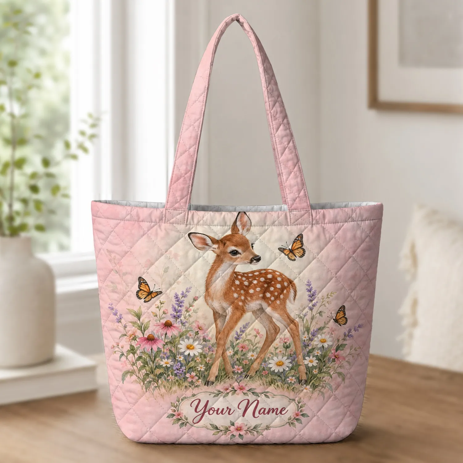 Woodland Fawn and Butterfly Meadow for Cottagecore Home Decor and Nature Lovers Gift Quilted Tote Bag - 1