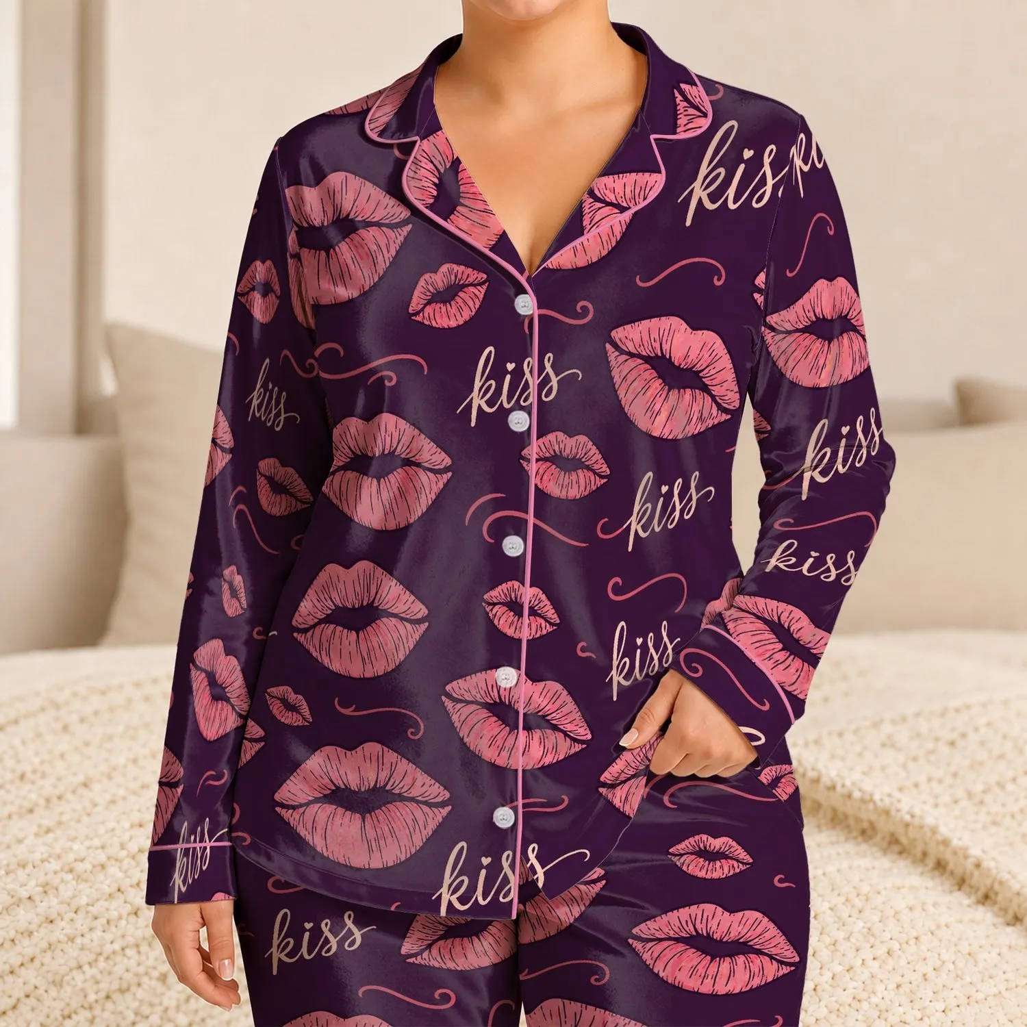 Pink Kiss Lips Romantic Lounge Apparel For Valentine's Day, Couples, Women And Gifting Satin Pajamas Set - 1