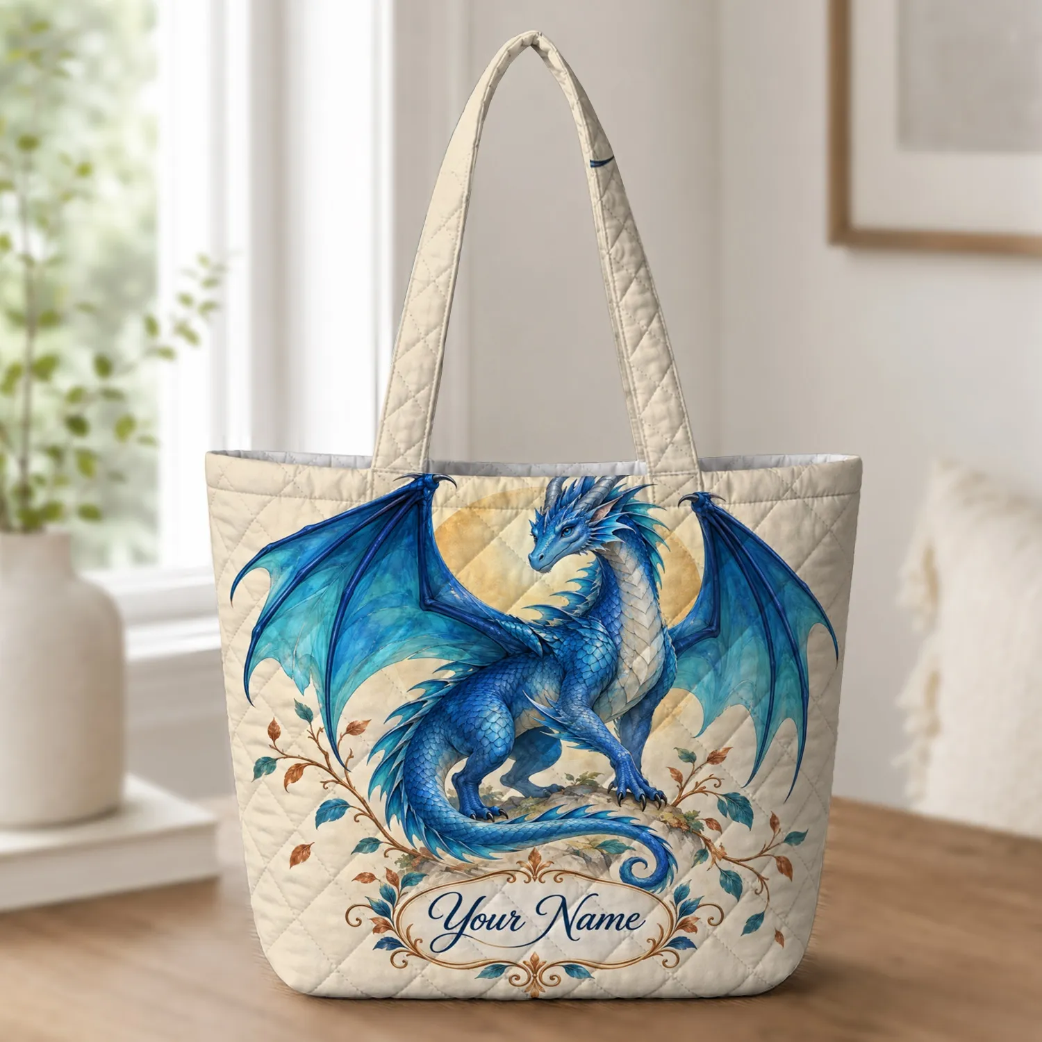 Blue Fantasy Dragon with Teal Wings for Magical Everyday Adventures Quilted Tote Bag - 1