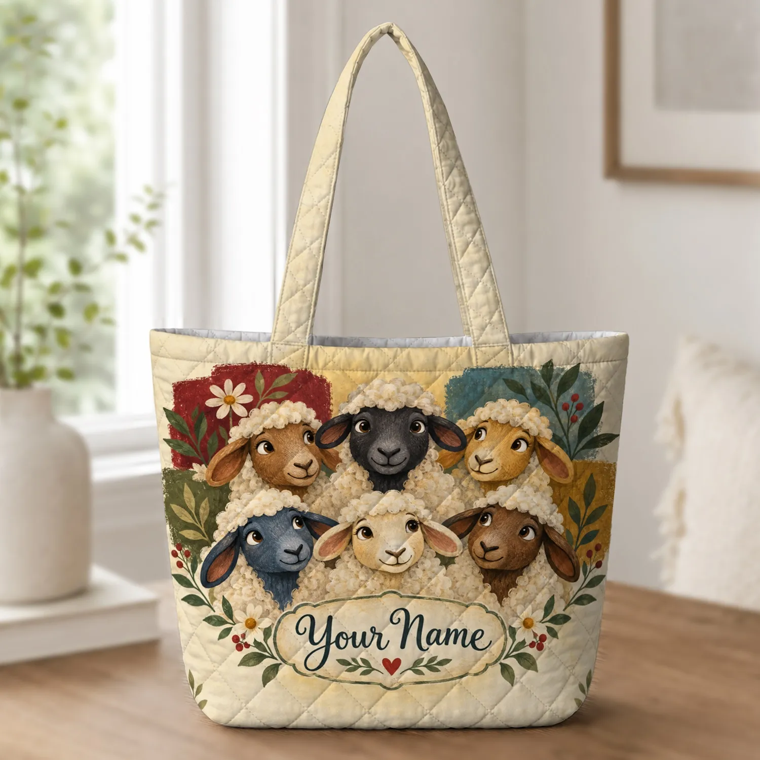 Whimsical Sheep and Lamb Farm Scene for Cottagecore Laundry Day Gifts for Sheep Lovers Quilted Tote Bag - 1
