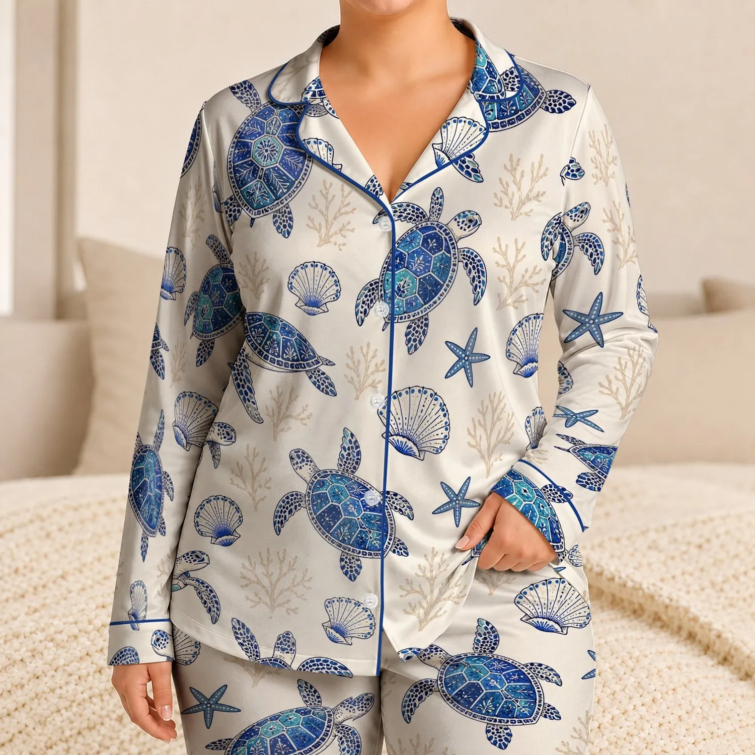 Blue Sea Turtle Starfish Coastal Ocean Motif Lounge Set For Beach Lovers And Families Satin Pajamas Set - 1