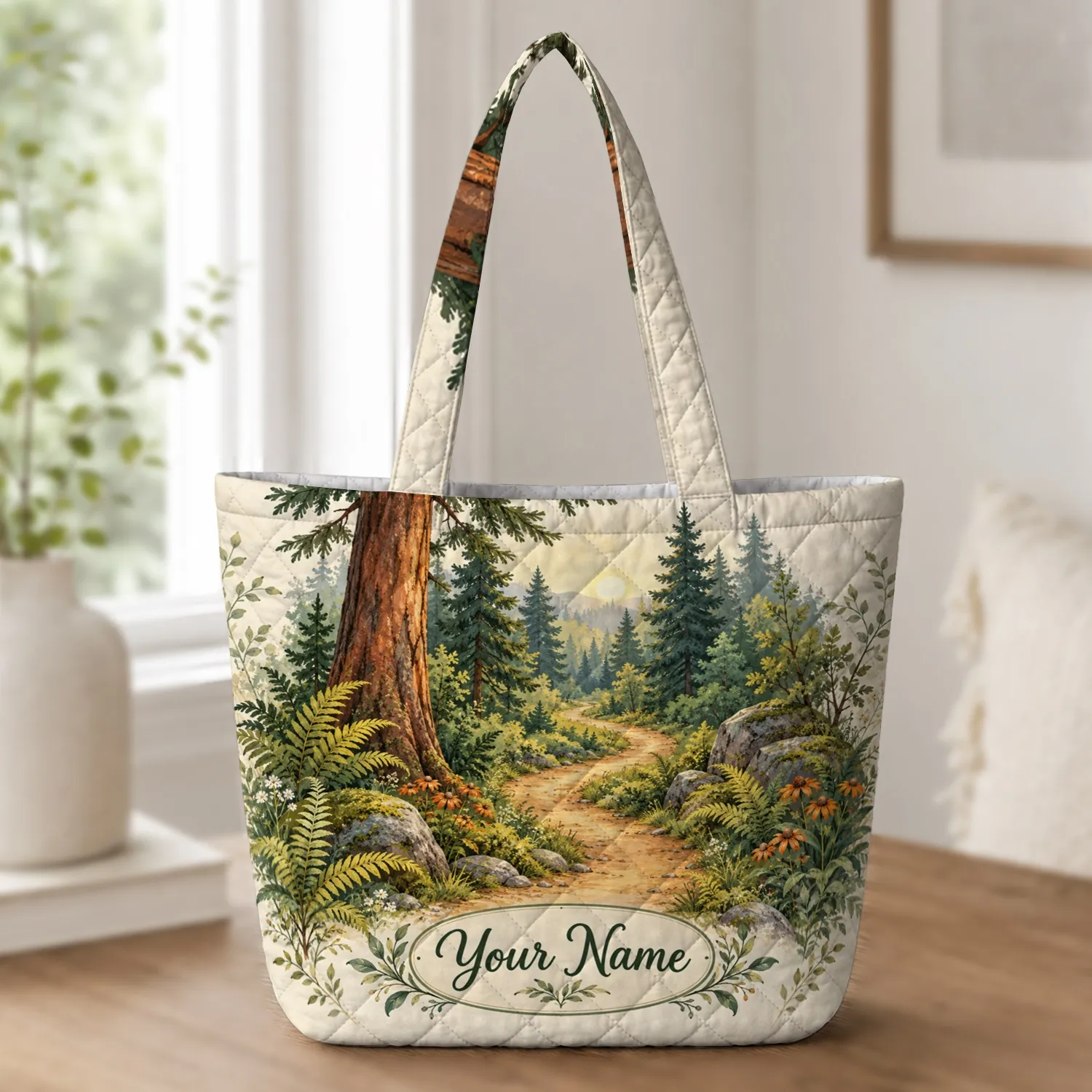 Woodland Forest Trail Scene for Cottagecore Home and Nature Lovers Quilted Tote Bag - 1