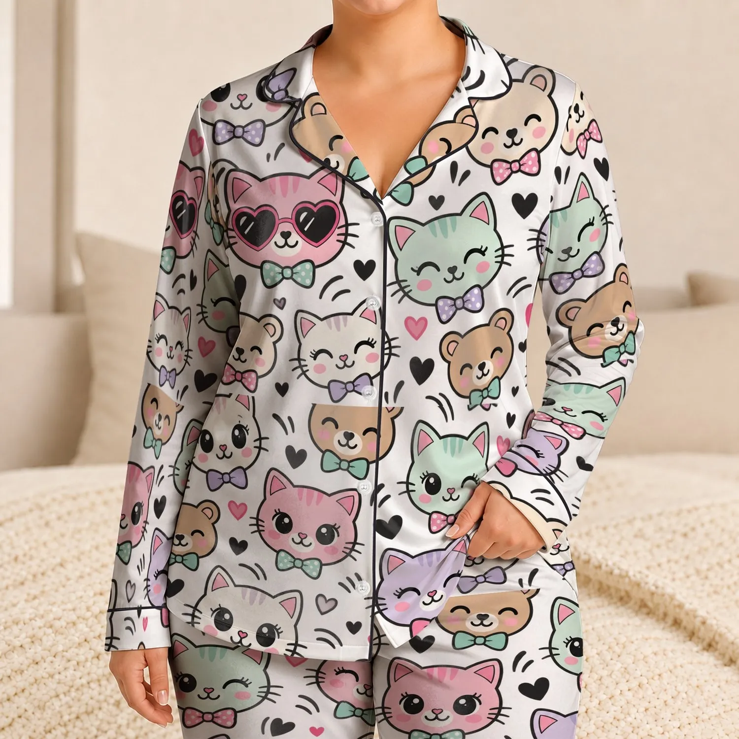 Cute Cat And Bear Faces For Cozy Lounging And Bedtime Comfort For Animal Lover Gifts Satin Pajamas Set - 1