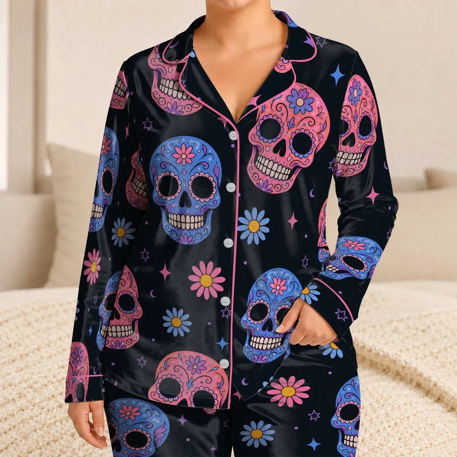 Sugar Skull Daisy Floral Soft Cozy Lounge Set for Halloween Fans and Alternative Style Satin Pajamas Set - 1