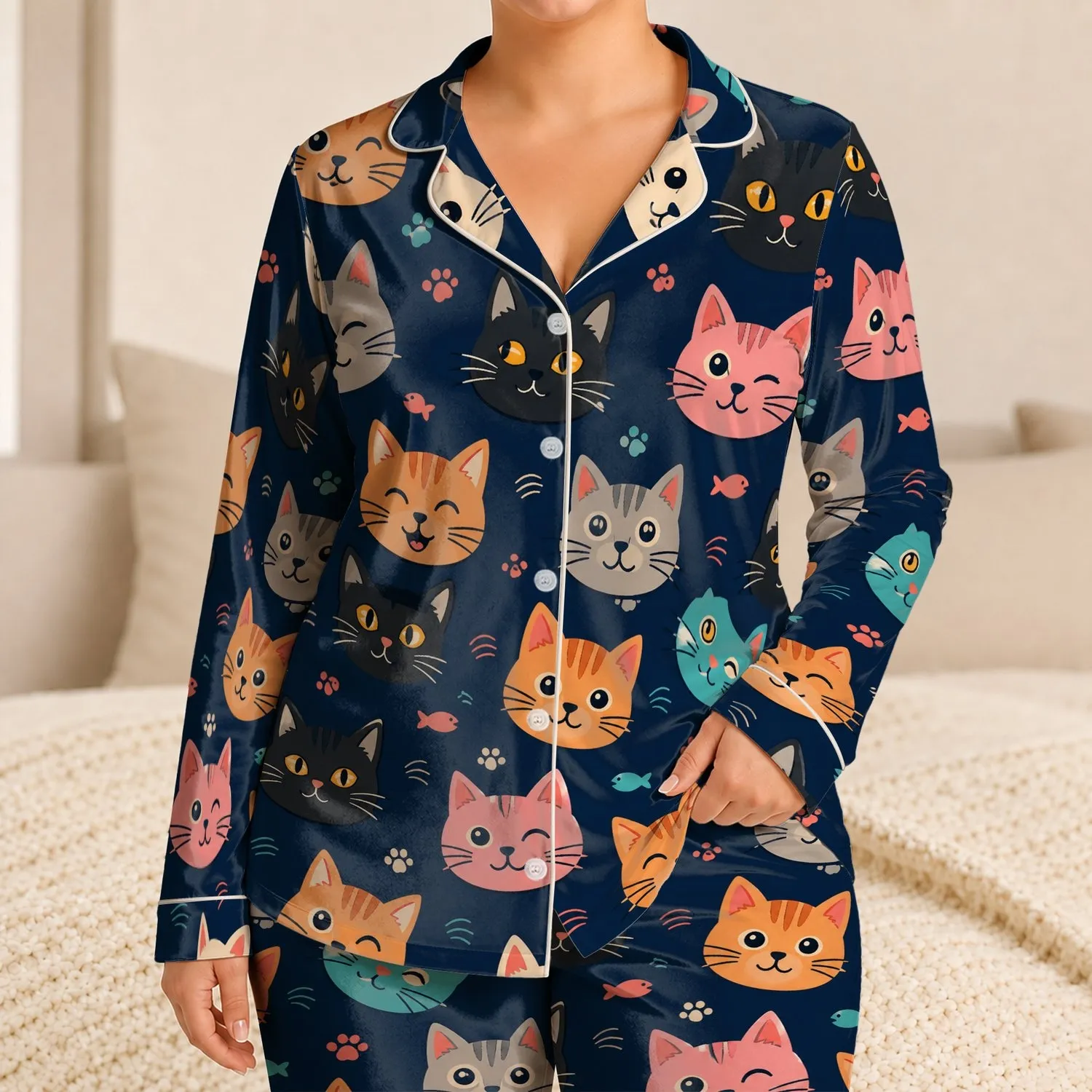 Cute Cat Faces Midnight Navy Sleepwear for Cozy Lounging and Relaxing, Women's Gift Satin Pajamas Set - 1