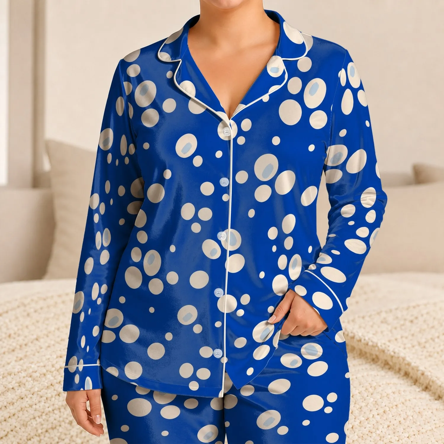 Cobalt Blue Ivory Polka Dots Boutique Retro Chic Lounge Style Daily Gift For Women Satin Pajamas Set - 1