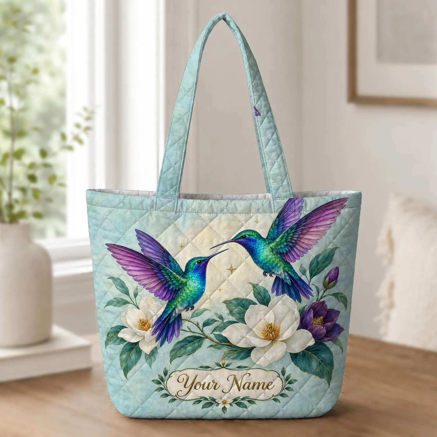 Floral Hummingbird Gift for Nature Lovers, Garden Outings and Everyday Carry Quilted Tote Bag - 1