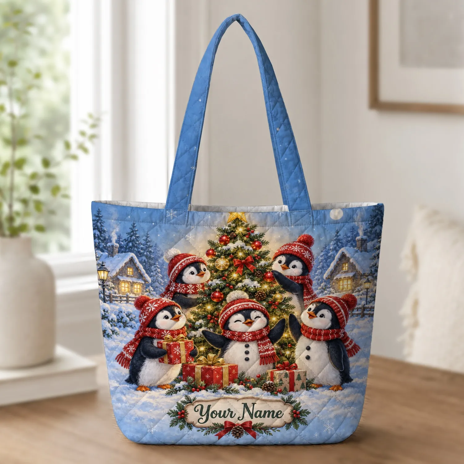 Penguin Snowmen and Christmas Tree for Festive Winter Holiday Cheer for Penguin Lovers Quilted Tote Bag - 1