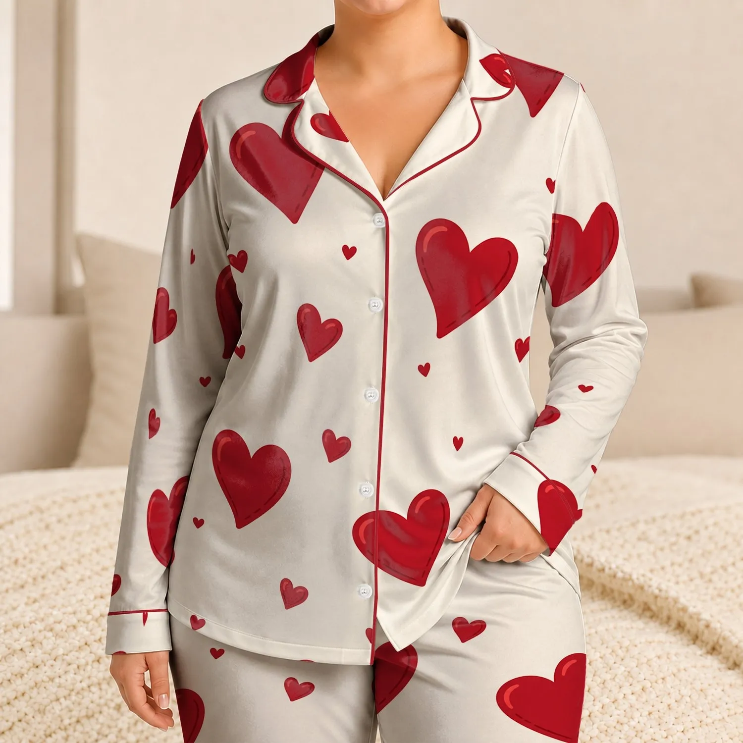Red Heart Lounge Set for Romantic Valentine's Day Gifts, Soft Women's Summer Wear Satin Pajamas Set - 1