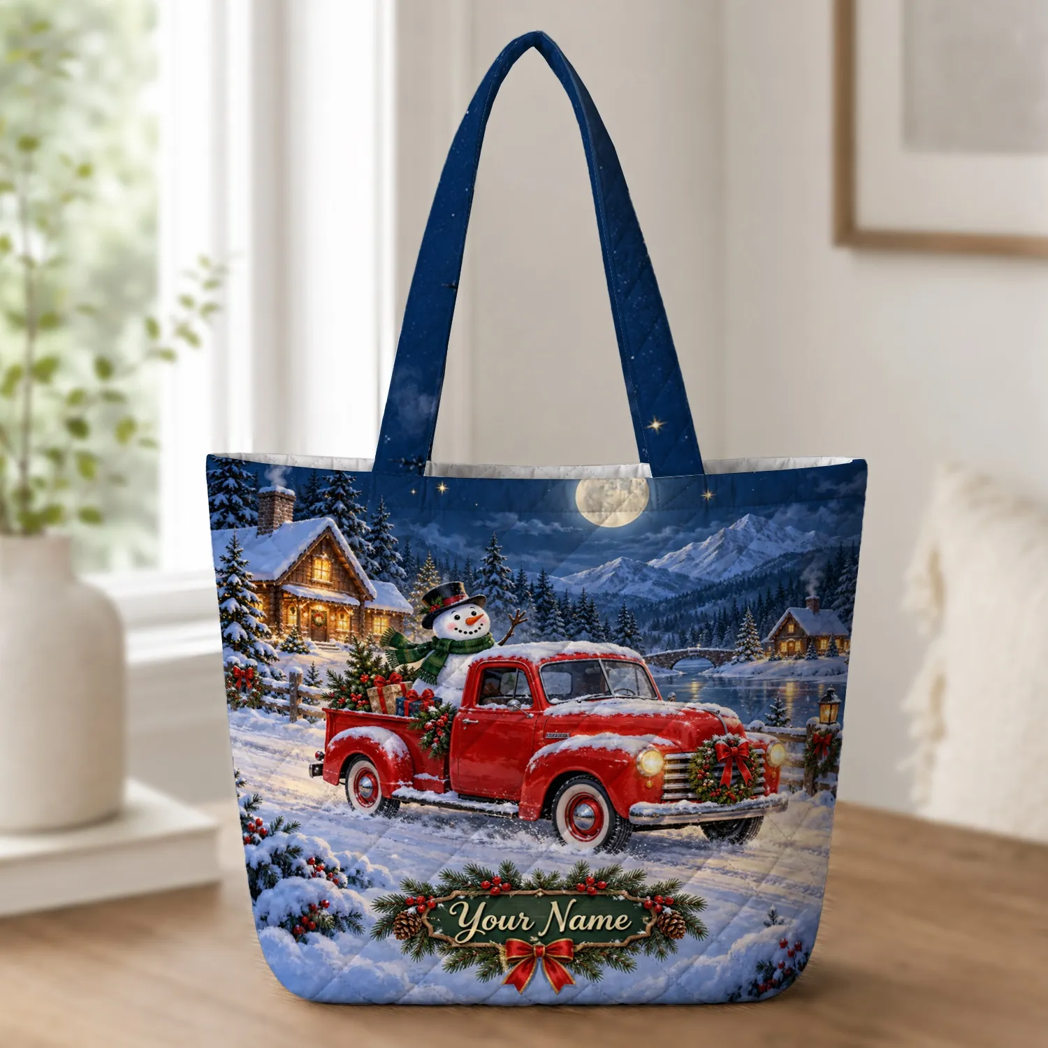 Red Christmas Truck and Snowman Winter Village Holiday Keepsake for Snowman Lovers Quilted Tote Bag - 1