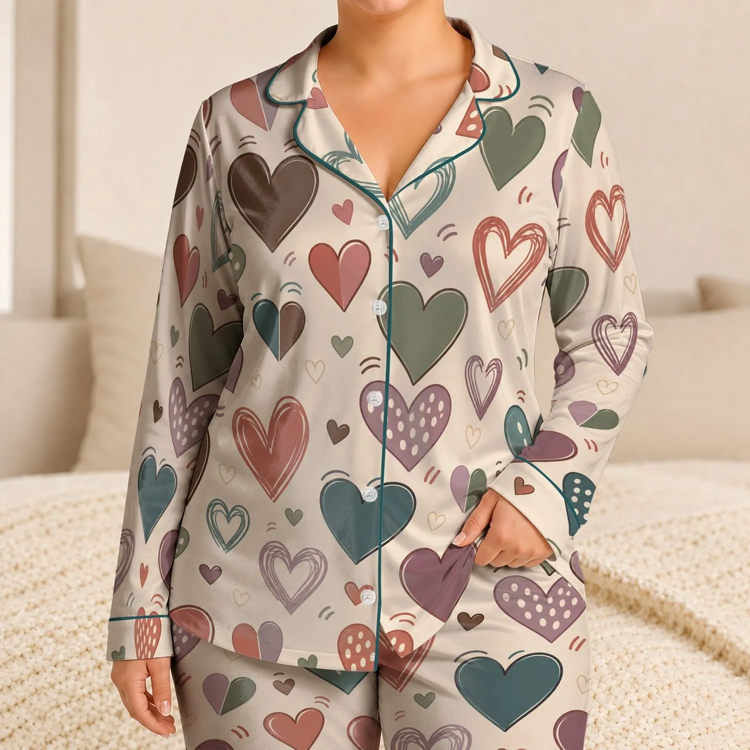 Retro Heart Motif For Cozy Bedtime Lounging And Relaxed Weekend Mornings At Home Satin Pajamas Set - 1