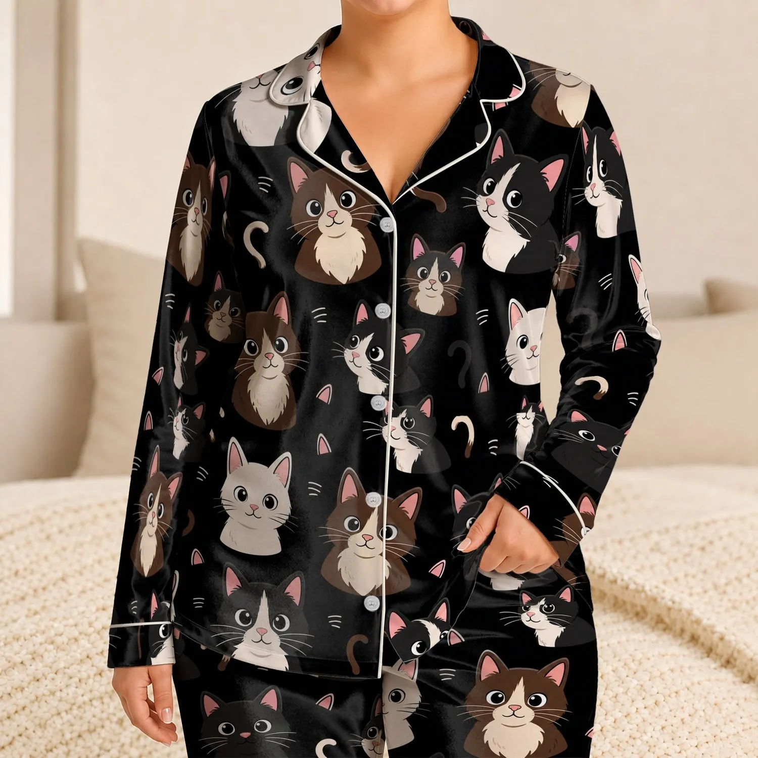 Cute Cat Faces On Black Background For Cozy Bedtime Relaxation, Women’s Spring Summer Satin Pajamas Set - 1