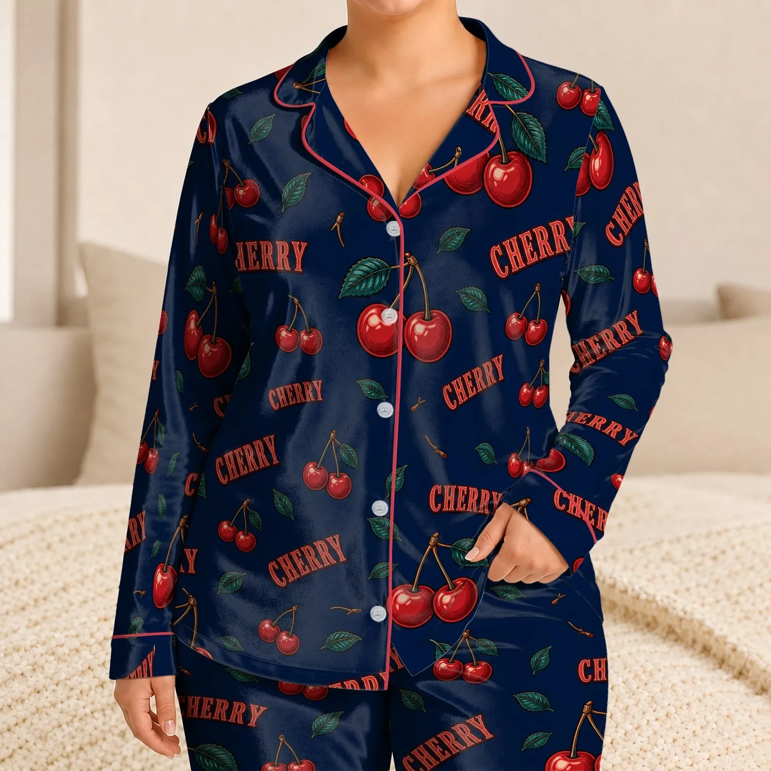 Cherry And CHERRY Lettering Loungewear For Cozy Spring Summer Evenings At Home Relaxation Satin Pajamas Set - 1
