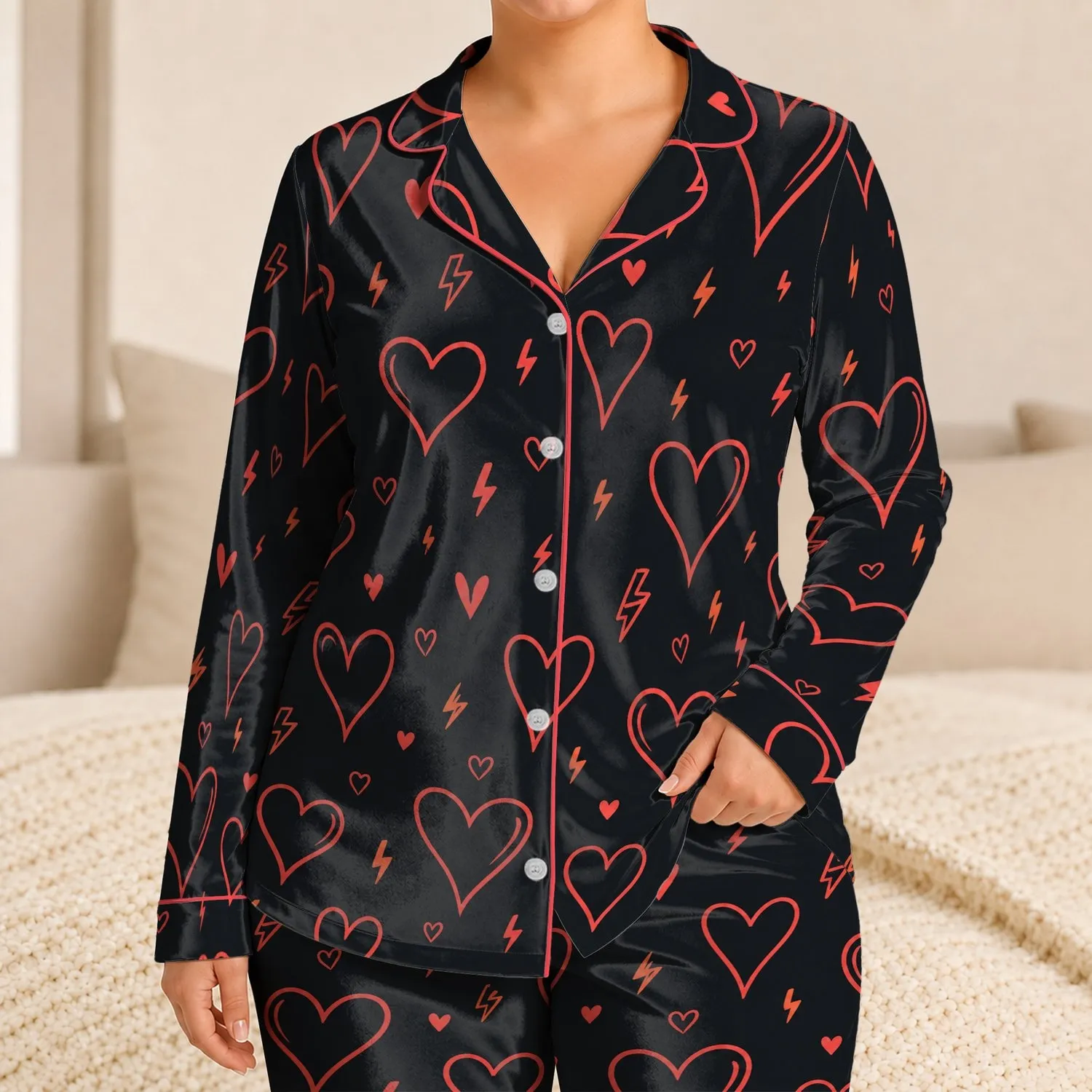 Coral Heart Lightning Bolt Lounge Set for Romantic Evenings, Cozy Nights, Women’s Gift Satin Pajamas Set - 1