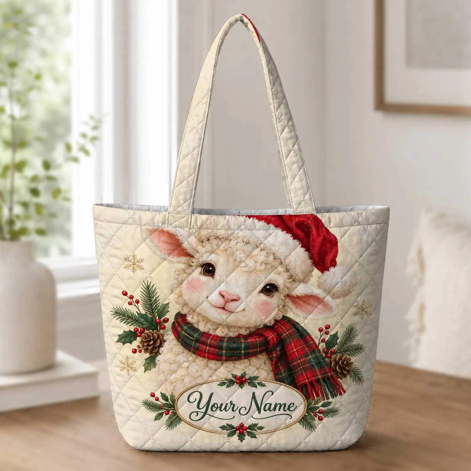 Christmas Lamb in Santa Hat for Festive Holiday Cheer and Sheep Lovers Everywhere Quilted Tote Bag - 1