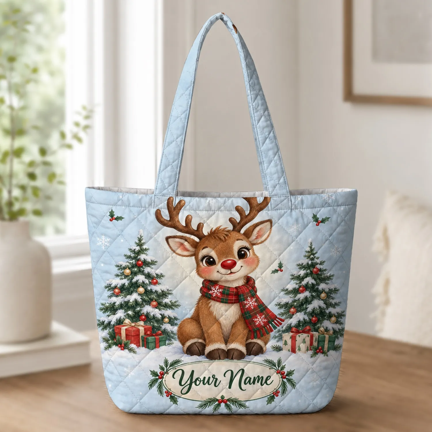 Cheerful Christmas Reindeer with Plaid Scarf for Festive Winter Gifting and Deer Lovers Quilted Tote Bag - 1