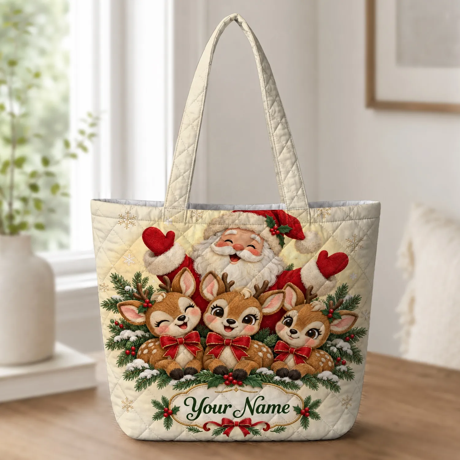 Santa and Three Festive Reindeer for Christmas Cheer and Holiday Gifting for Her Quilted Tote Bag - 1