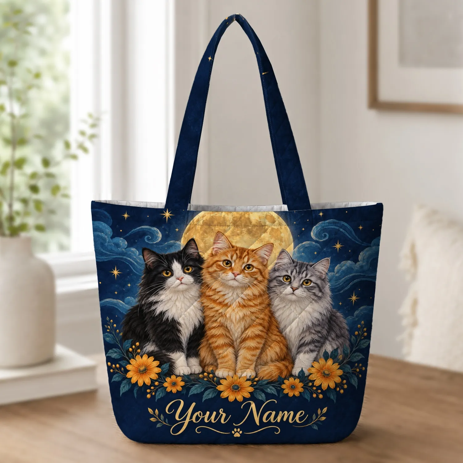 Three Cats Beneath a Starry Moon for Cat Lovers, Whimsical Home and Everyday Style Quilted Tote Bag - 1