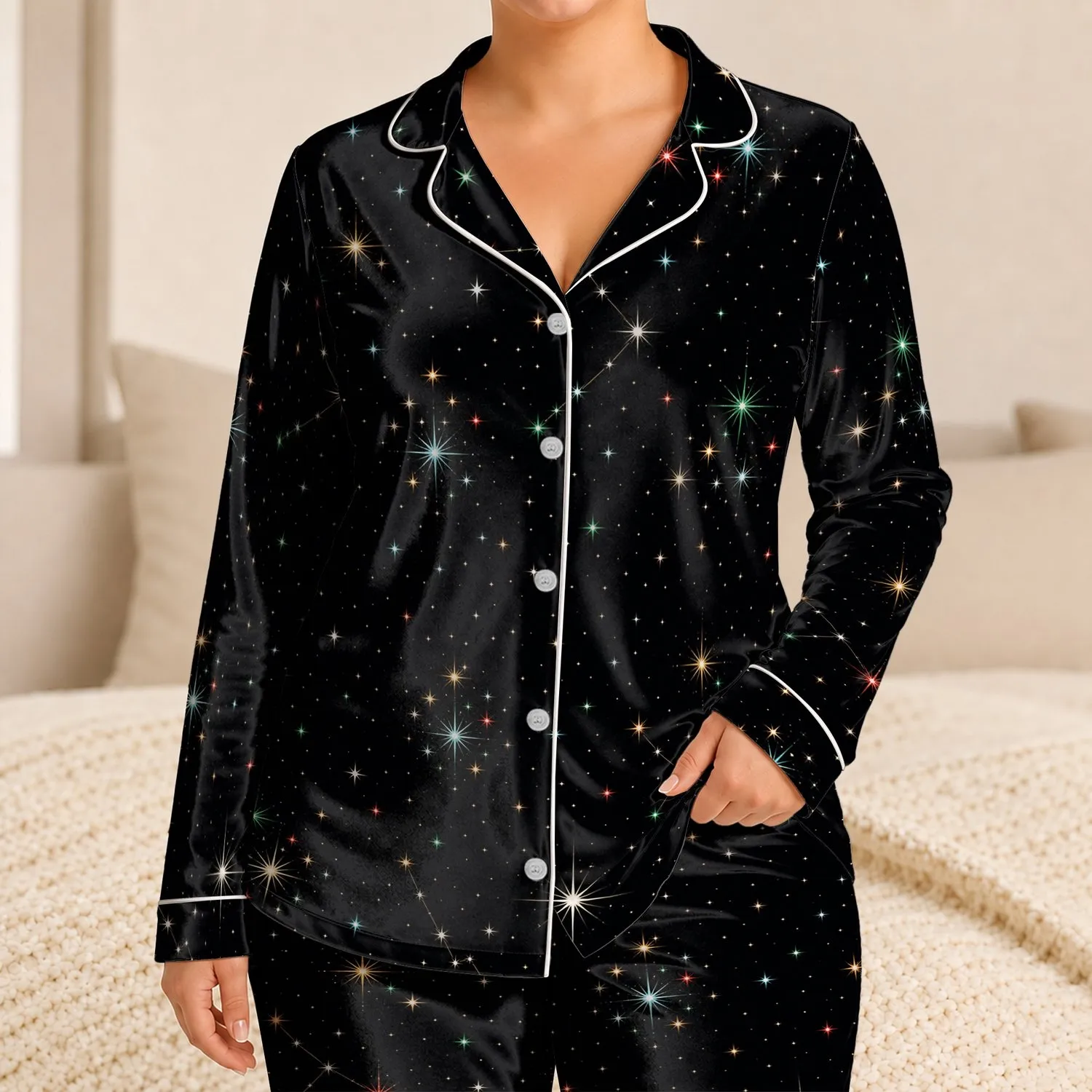Midnight Starfield Sparkles Celestial Nighttime Gift for Women, Dreamers, and Stargazers Satin Pajamas Set - 1