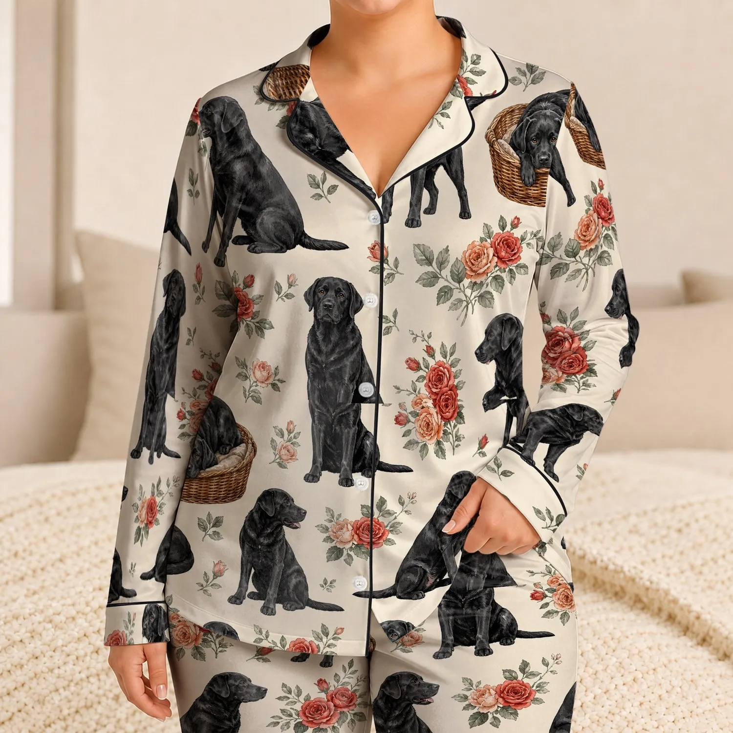 Black Labrador Dogs With Roses And Wicker Baskets For Cozy Home Lounging Pet Gifts Satin Pajamas Set - 1