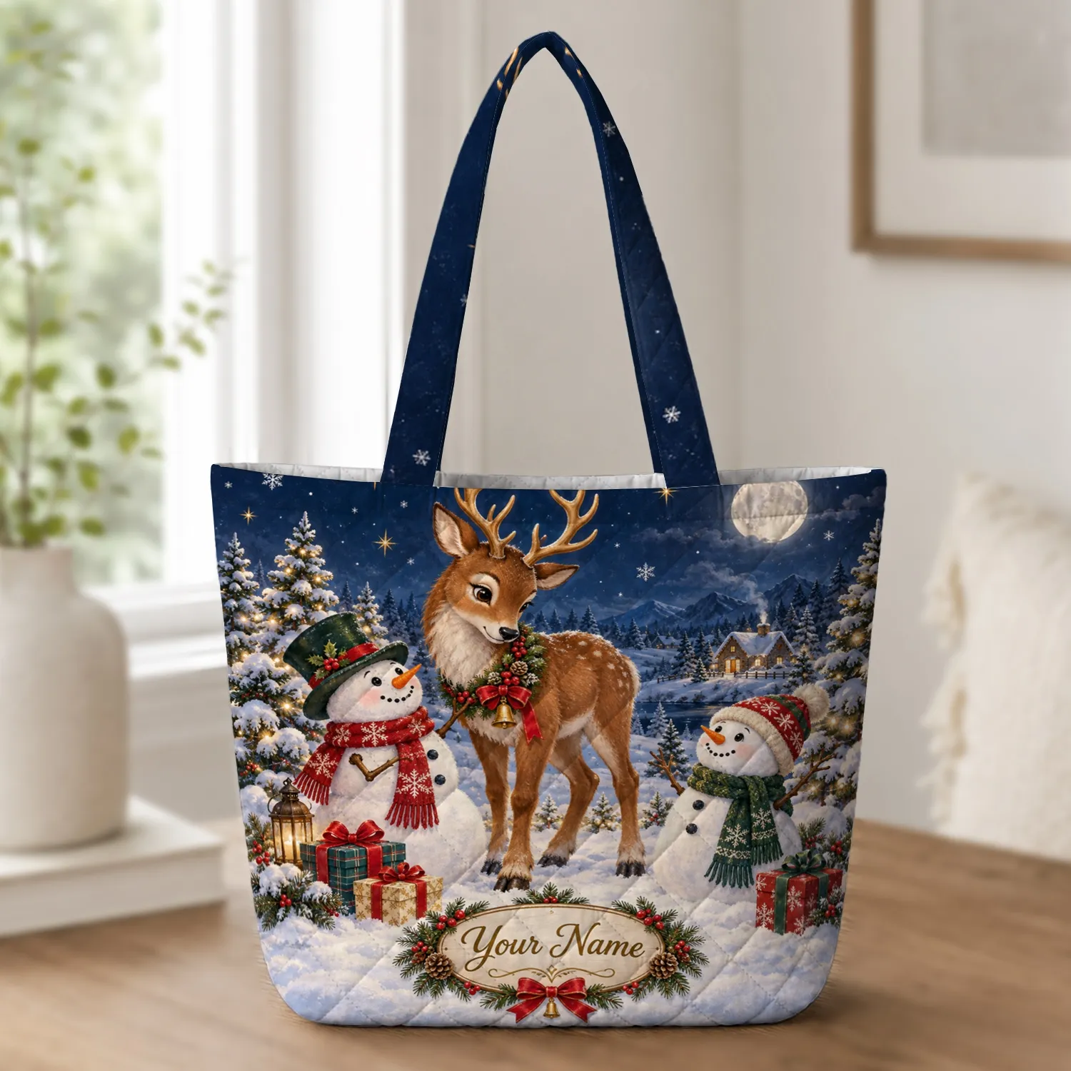 Reindeer And Snowmen Christmas Scene For Winter Celebrations And Snowman Lovers Quilted Tote Bag - 1