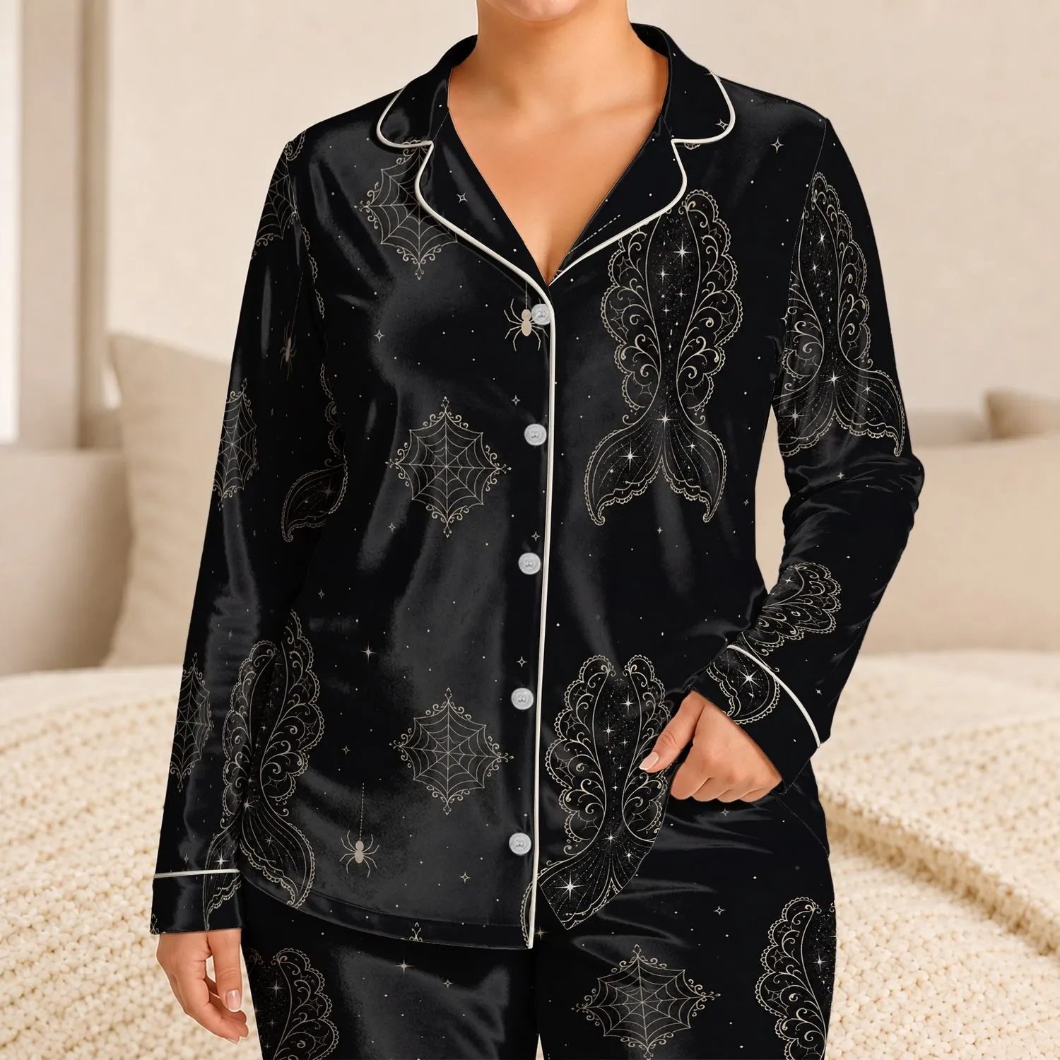 Elegant Vintage Mermaid Tail Lace Motifs for Halloween Nights, Gothic Style for Women Satin Pajamas Set - 1