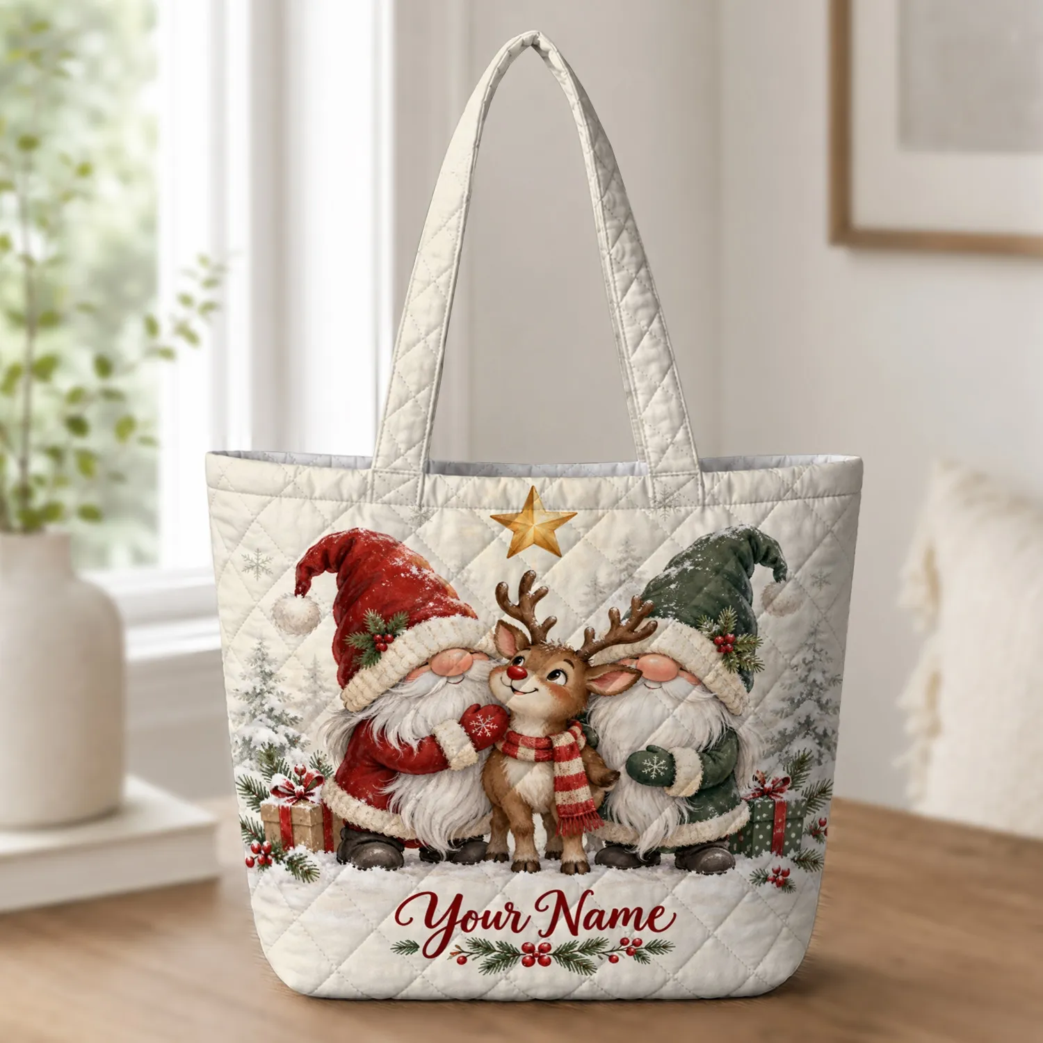 Christmas Gnomes and Reindeer for Holiday Giving, Seasonal Cheer and Gnome Lovers Quilted Tote Bag - 1