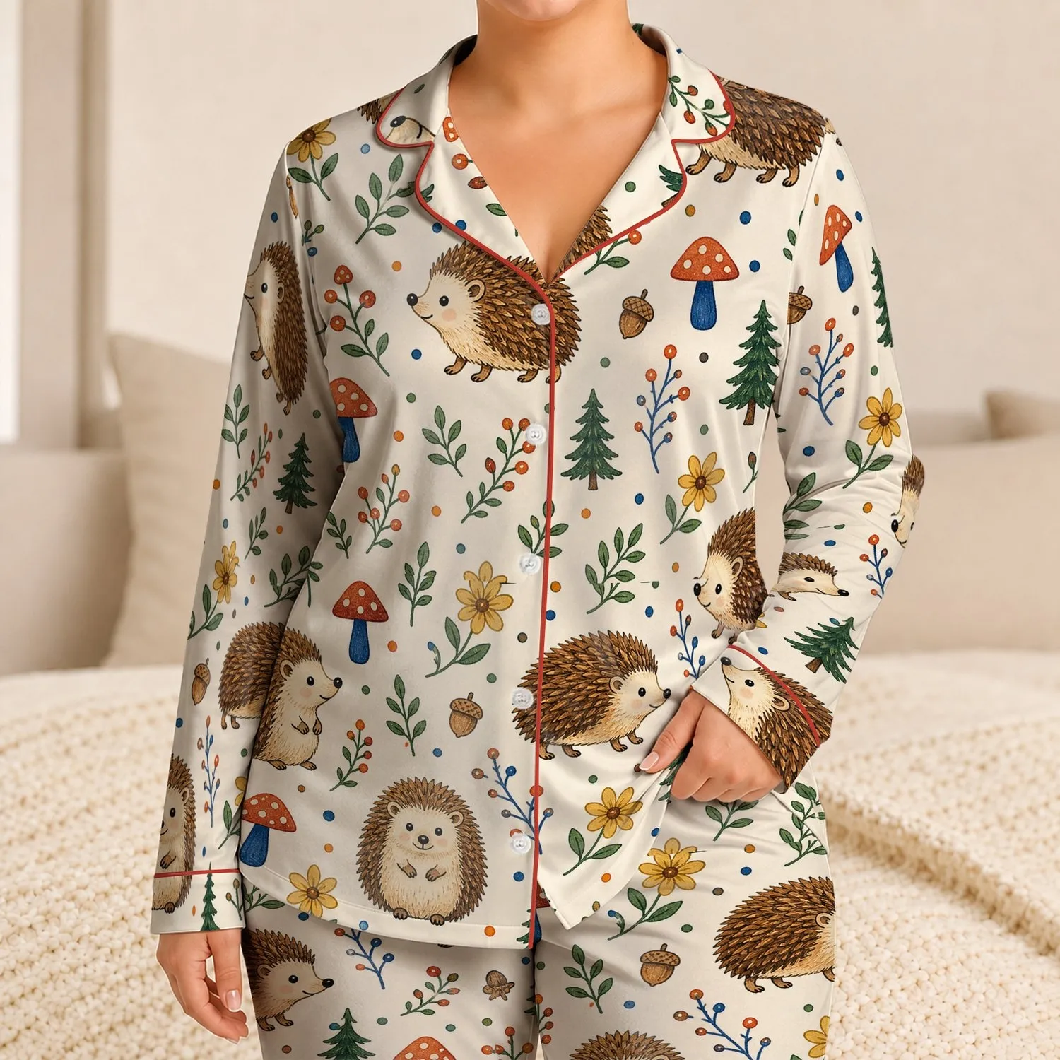 Hedgehog Mushroom Forest Scene, Cozy Bedtime Loungewear For Women And Nature Lovers Satin Pajamas Set - 1