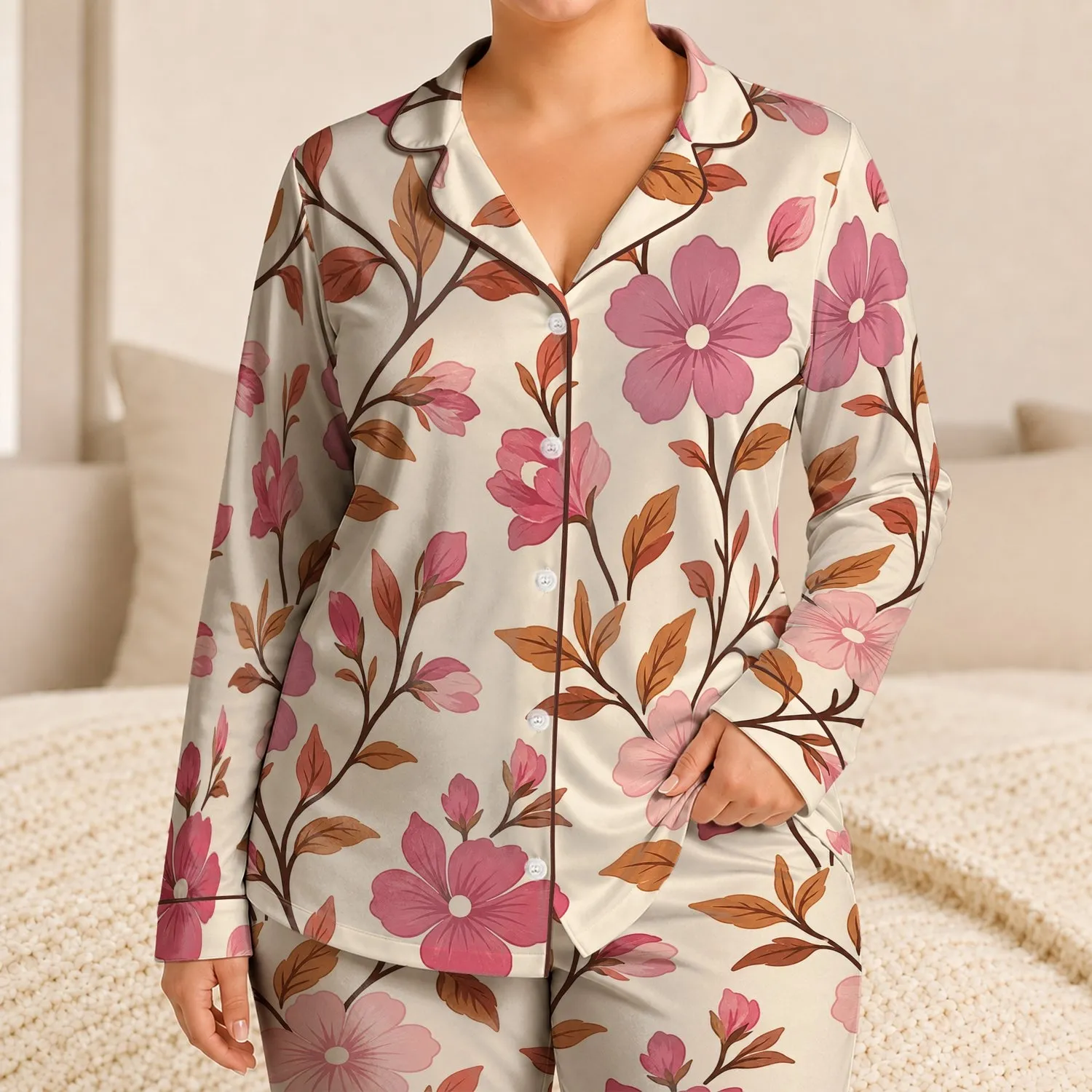 Vintage Botanical Floral Vine Blossoms for Cozy Spring Lounging Women and Girls Gift Idea Satin Pajamas Set - 1