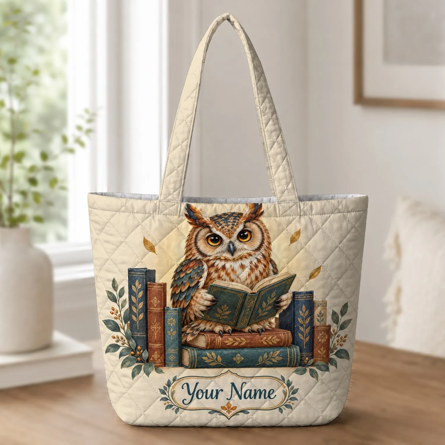 Owl Reading Among Vintage Books for Library Days and Book Club Gifts for Avid Readers Quilted Tote Bag - 1