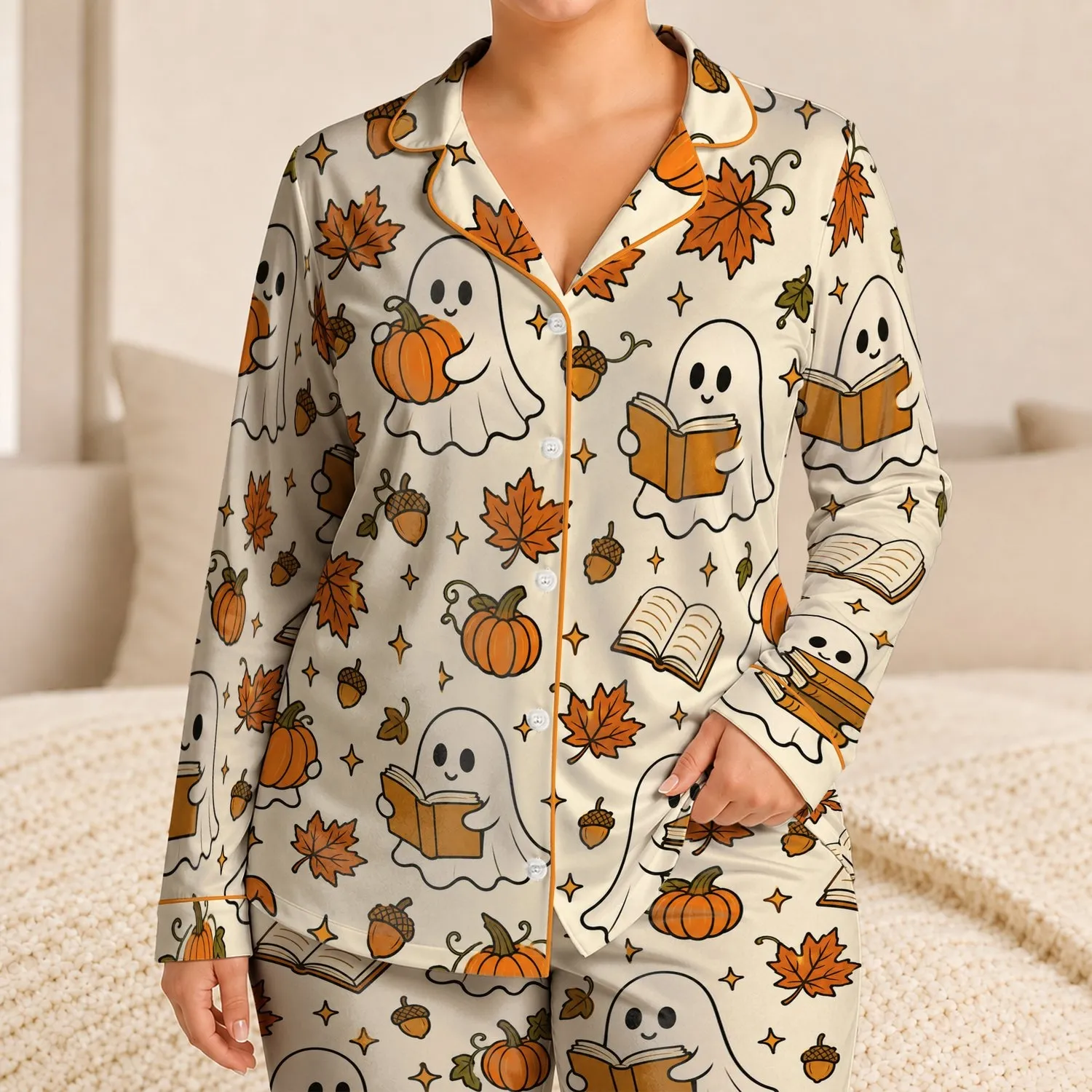 Halloween Ghost Pumpkin Book Reading Gift For Women Cozy Bedtime Comfort Soft Outfit Satin Pajamas Set - 1
