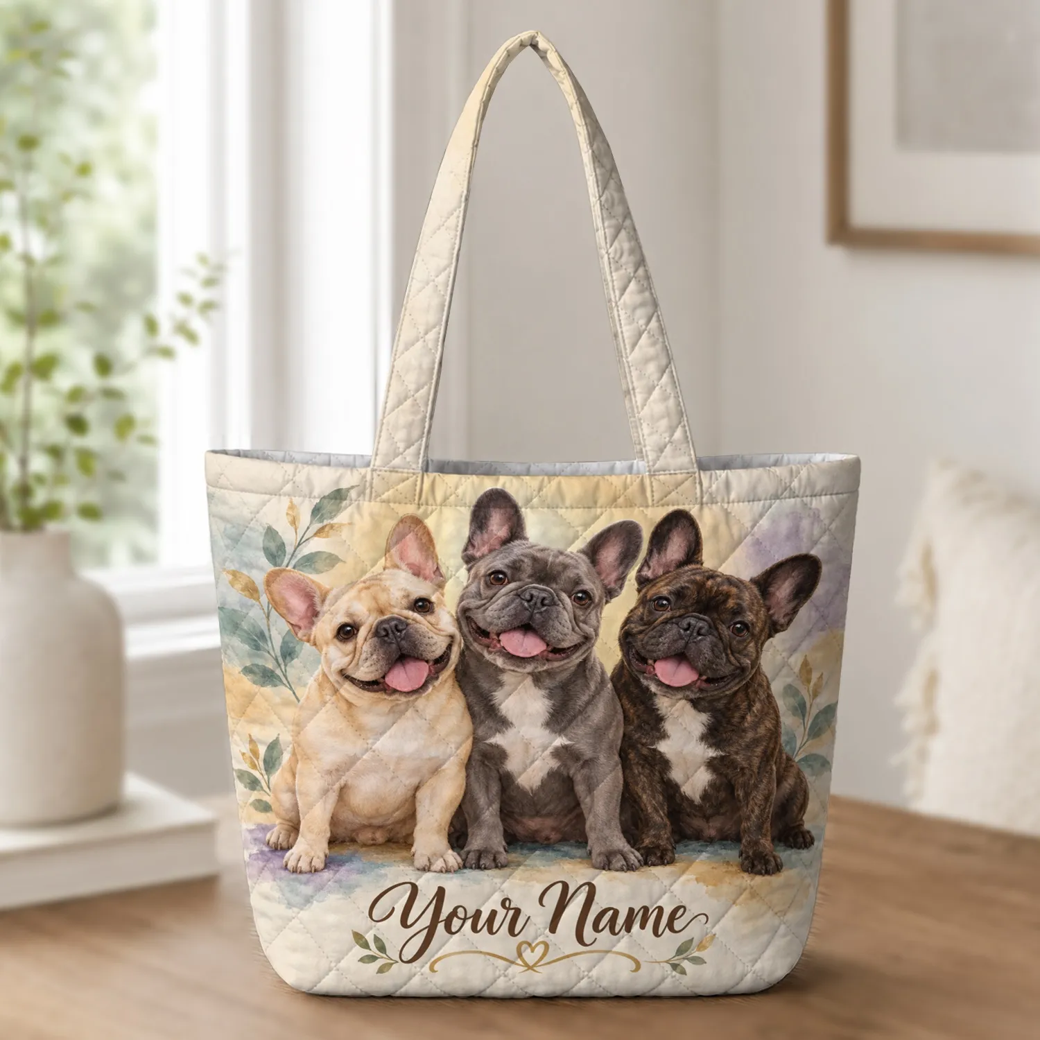 French Bulldog Trio Portrait for Dog Mom Gifts and Everyday Companion Style Wear Quilted Tote Bag - 1