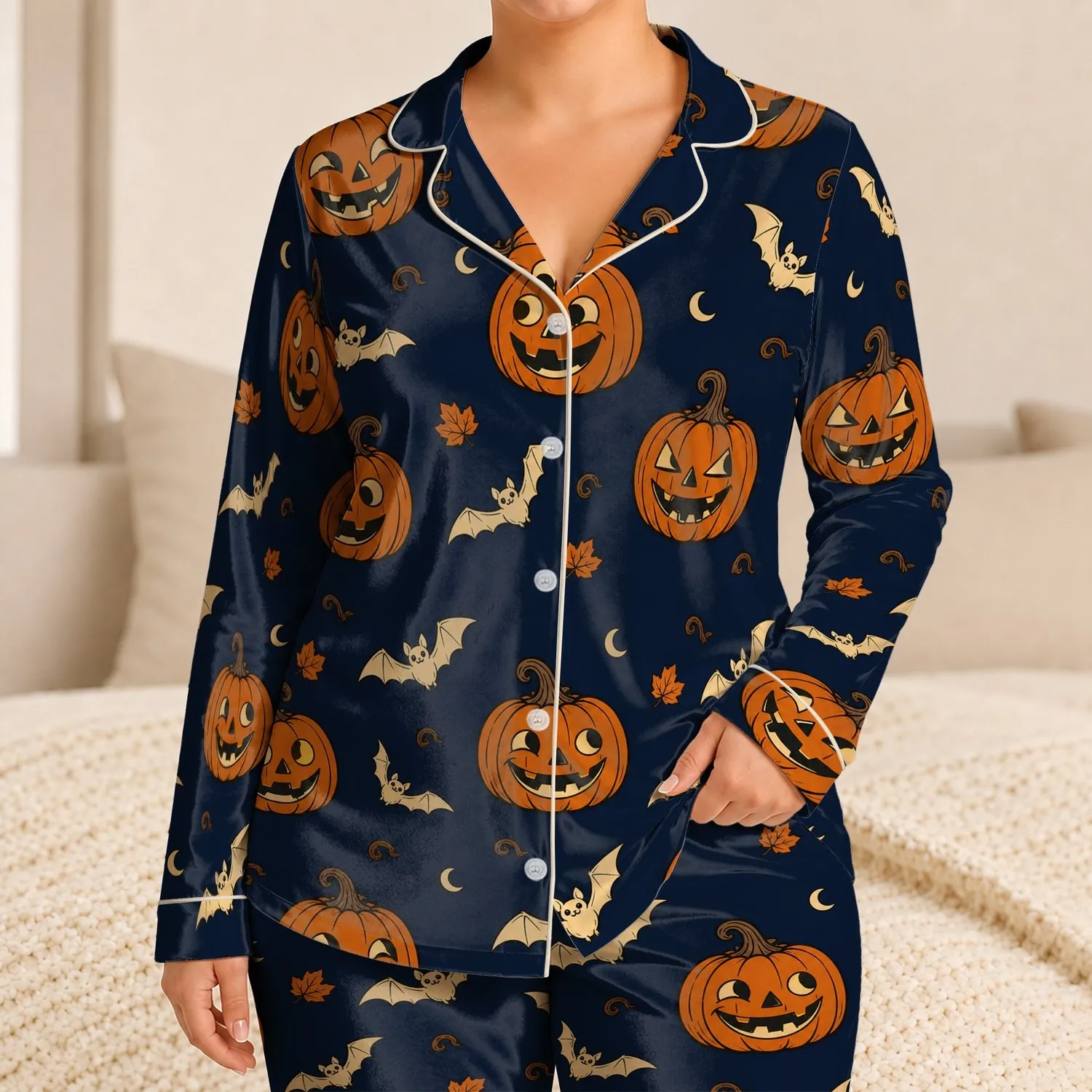 Pumpkin Bat Halloween All Over Midnight Navy Style For Festive Home Lounging Gift Satin Pajamas Set - 1