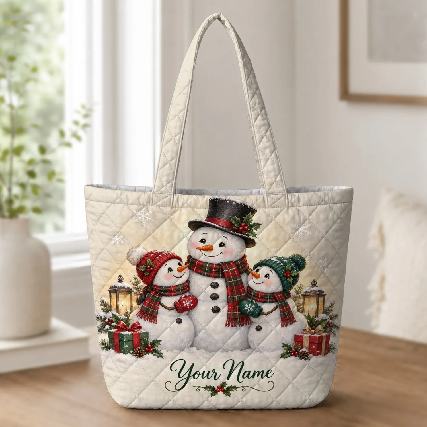 Snowman Family Christmas Cheer for Cozy Winter Holidays and Festive Gift Giving Season Quilted Tote Bag - 1